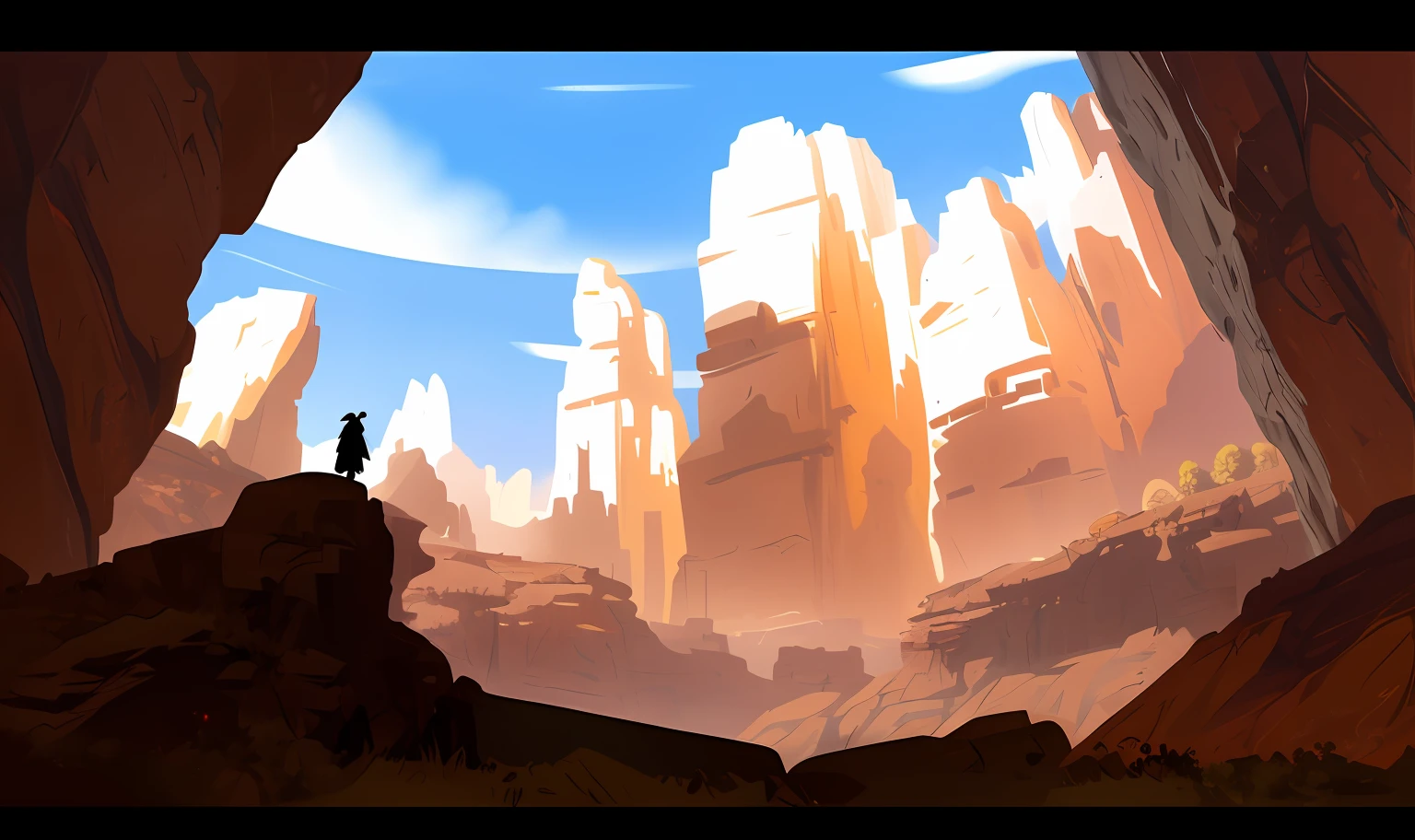 There was a man standing in a cave looking at the sky, concept-art!, concept-art. epic landscapes, concept art scene, canyon background, environment painting, environment concept art, digital painting concept art, concept-art, painterly concept art, gigantic landscape!, 2D concept art, scenery game concept art, concept piece, Stunning! concept-art