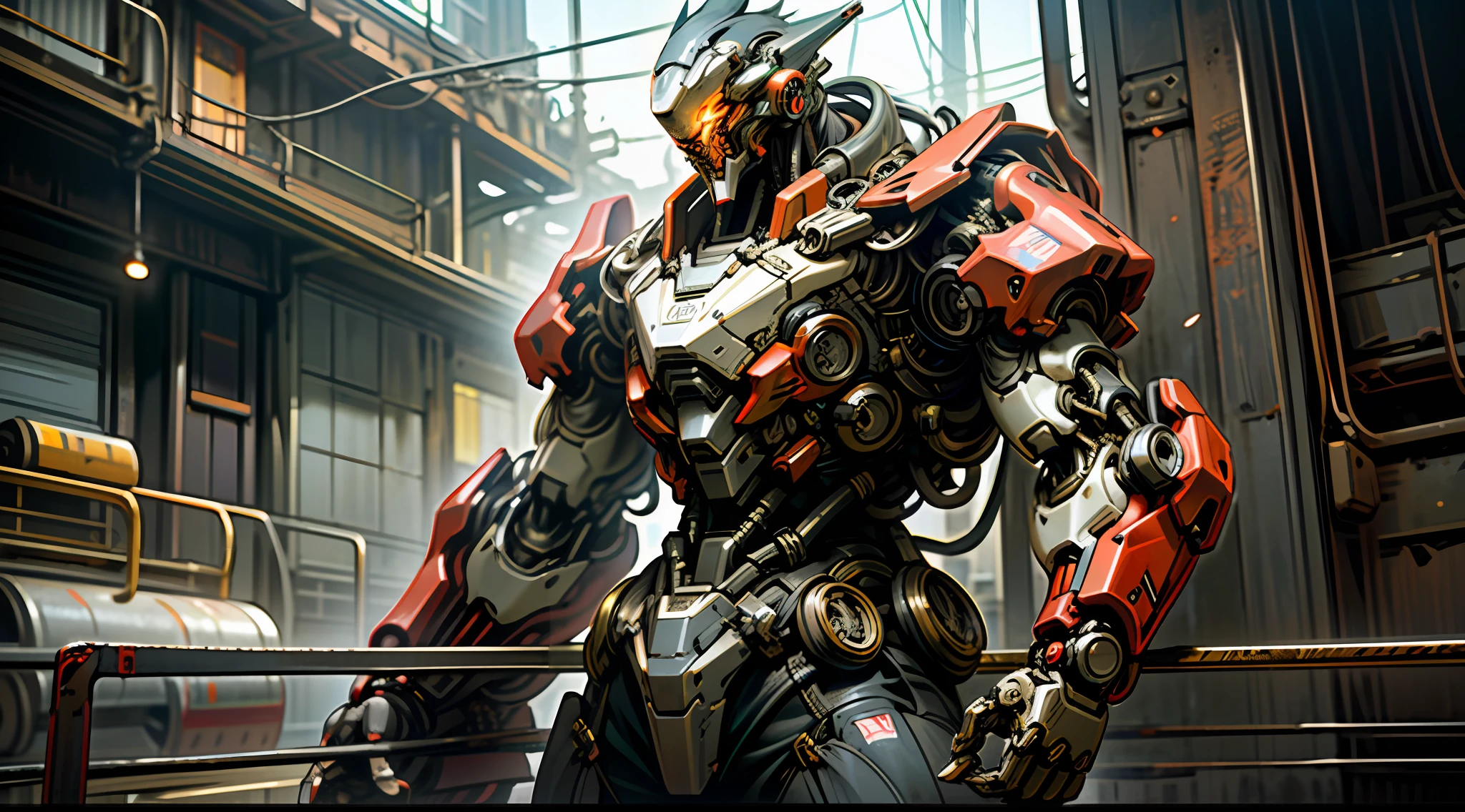 Dark_Fantasy,Cyberpunk,(chain saw,chain saw man,Red:1.1),1man,Mechanical marvel,Robotic presence,Cybernetic guardian, wearing a worn-out mech suit, intricate, (steel metal [rusty]), elegant, clear focus, shot by greg rutkowski, soft lighting, vibrant colors, masterpiece, ((street)), cowboy shot, dynamic pose,