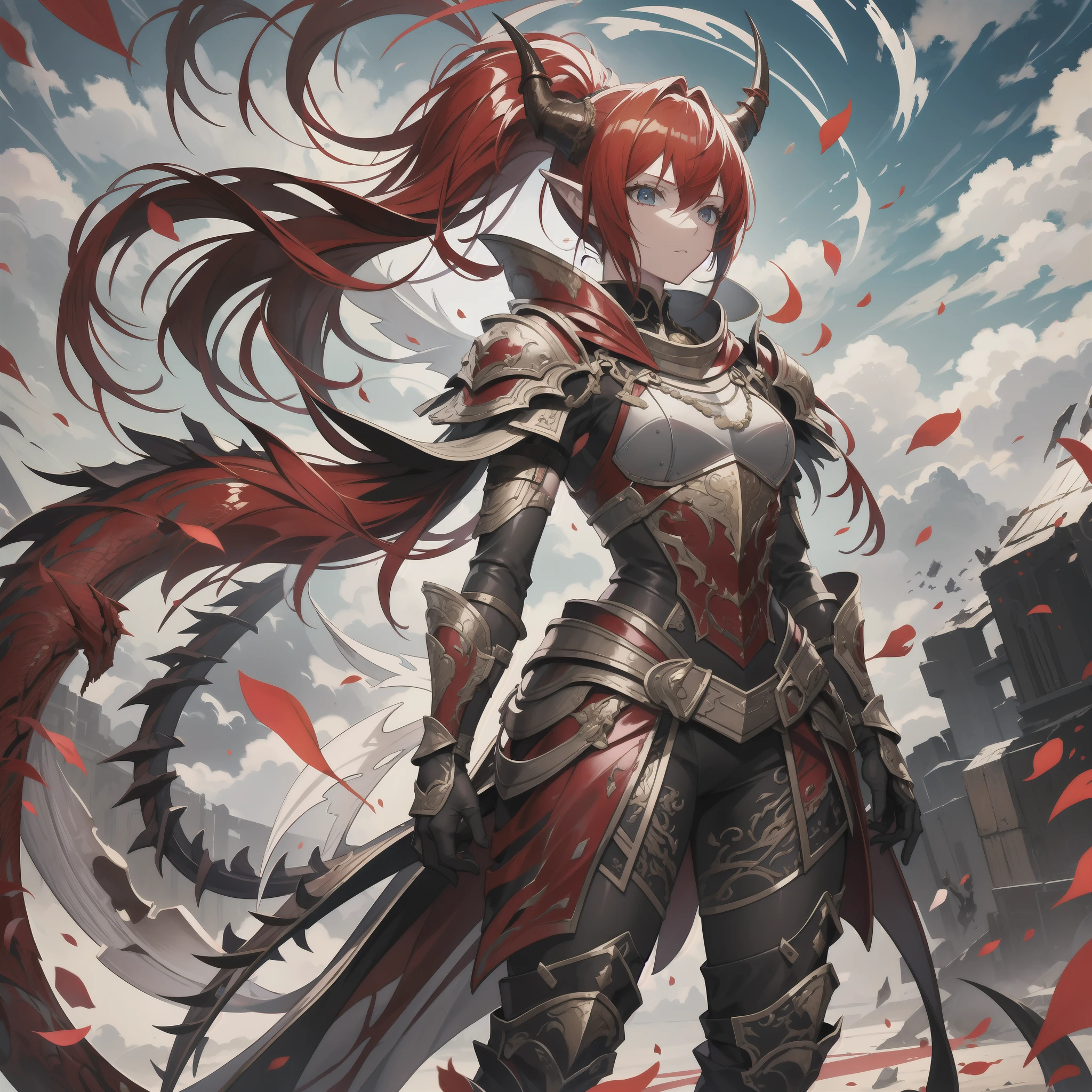 Blurred edge lines,Use dull colors,Single full-body standing painting,Red armor covers the whole body,redheadwear,long whitr hair,High ponytail,Dragon's horn,Dragon tail,Shawl,Long skirt,offcial art,Optimize human body details,clothing details optimization,Ark of tomorrow,Detail art,tmasterpiece,best qualtiy, A high resolution,best qualtiy,high qulity,Detailed key anime art,Best anime,8K