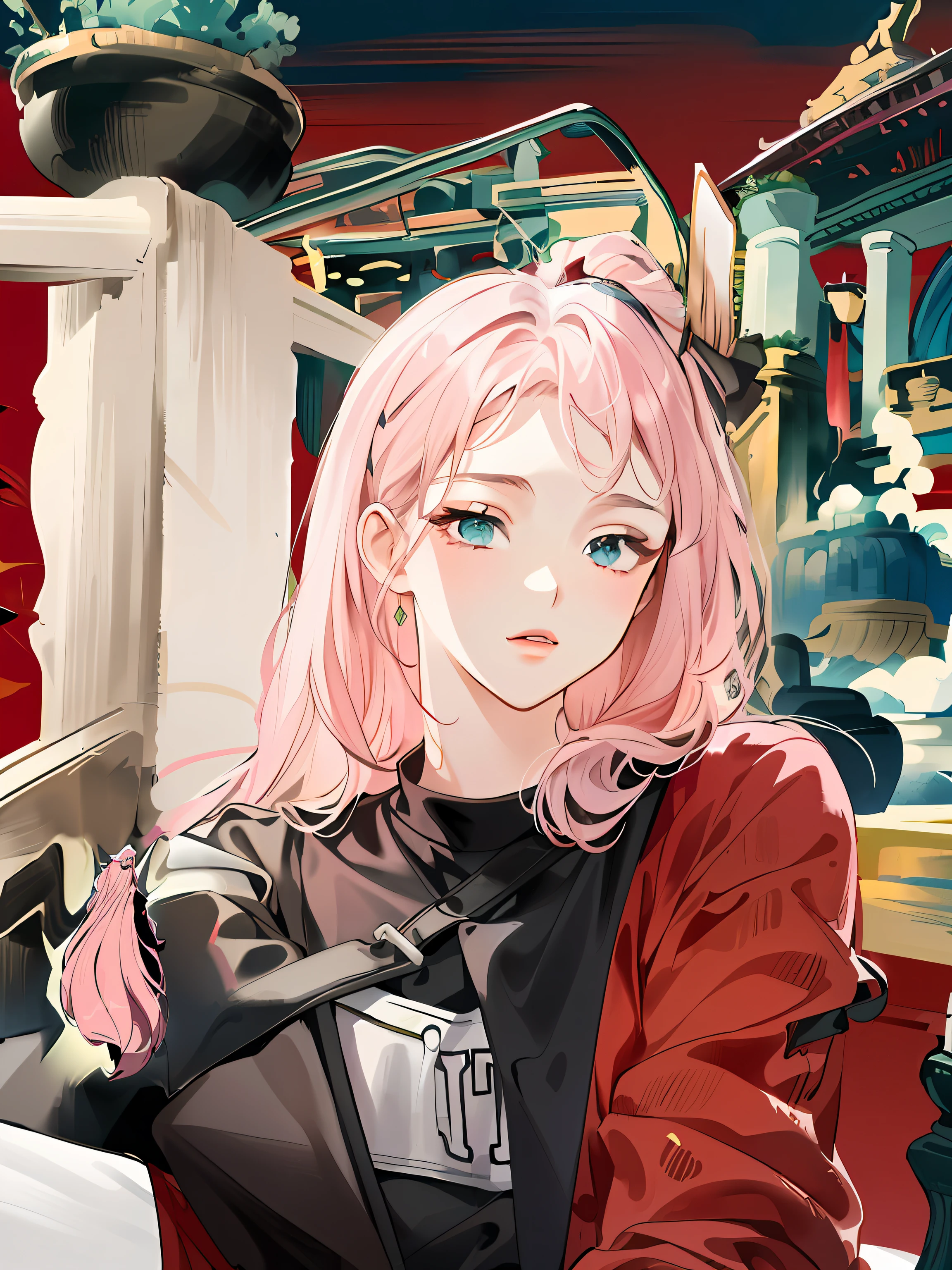 ((tmasterpiece:1.2, Best image quality)), super-fine, ultra-fine depiction, The silhouette is complex, (Wave hand drawn:1.2), (Dynamic posture), (abstract backgrounds:1.5), wavy and long hair, A pink-haired, one-girl, a color, portrait, (The picture is from top to bottom:1.2)。
