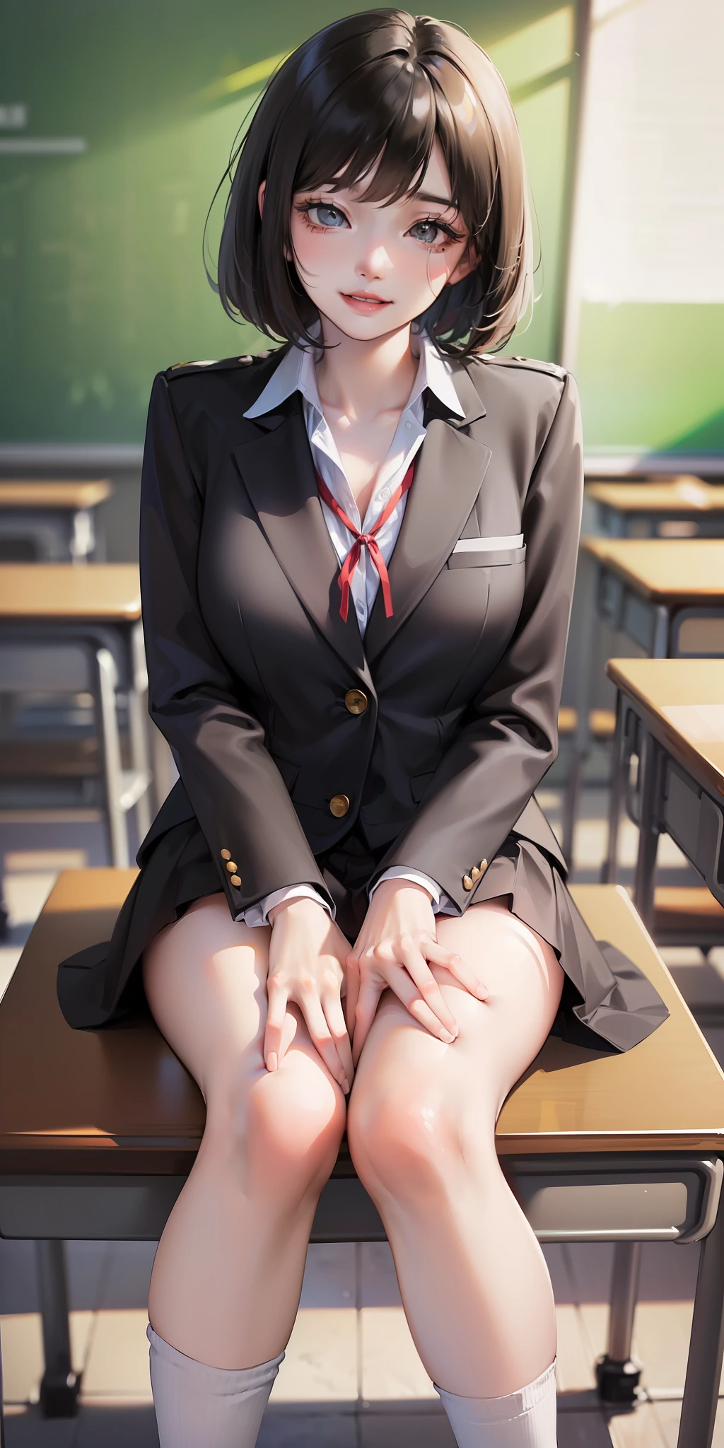 ((8k, RAW photos, top quality, masterpieces), high-definition RAW color photos professional close-up photos, (realistic, photorealism: 1.37), (highest quality), (best shadows), (best illustrations), collarbones ((big)), ((erotic, sexy, ultra high resolution, high-definition CG unified 8K wallpapers, physically based rendering, movie lighting), (aegyo sal:1), 18 year old girl, (grey blazer, ribbon, socks, high school uniform: 1.2), high school classroom, beautiful detail eyes, light on the face, ((full body shot: 1.2)), especially strong light, (upper eyes, grinning smile:1.2),shiny skin, (((black hair, bob hair:1.2))), ( thick thighs), ulzzang-6500-v1.1:0.2, shy, (flash:1.2), NSFW , (puffy), ((seductive posture: 1.2, attractive: 1.2)), (idle), (sitting at a desk in classroom: 1.2)), ((good anatomy: 1.2)), ((bright and refreshing classroom, background blurred: 1.2)), perfect face, cute face, (high angle shot:1.2)