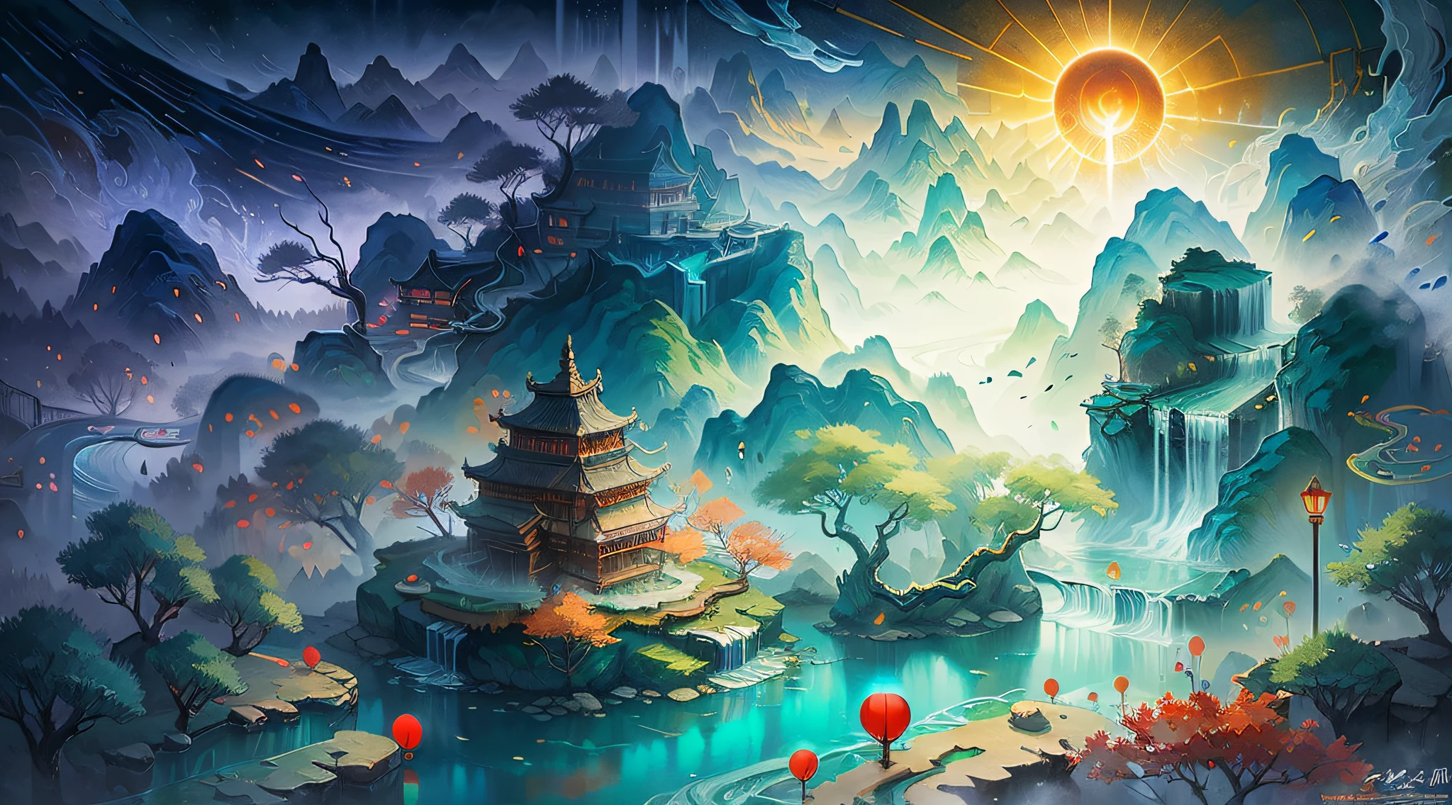 (fantasy, immortal cultivation, fantasy scene) sunshine, best shadow, masterpiece, highest picture quality, 8K resolution, surrounded by mountains in the distance, flowing water, Chinese ancient buildings are scattered, fairy ethereal, fine details, showing the Tyndall effect, perfectly presenting the beauty of this mysterious wonderland.