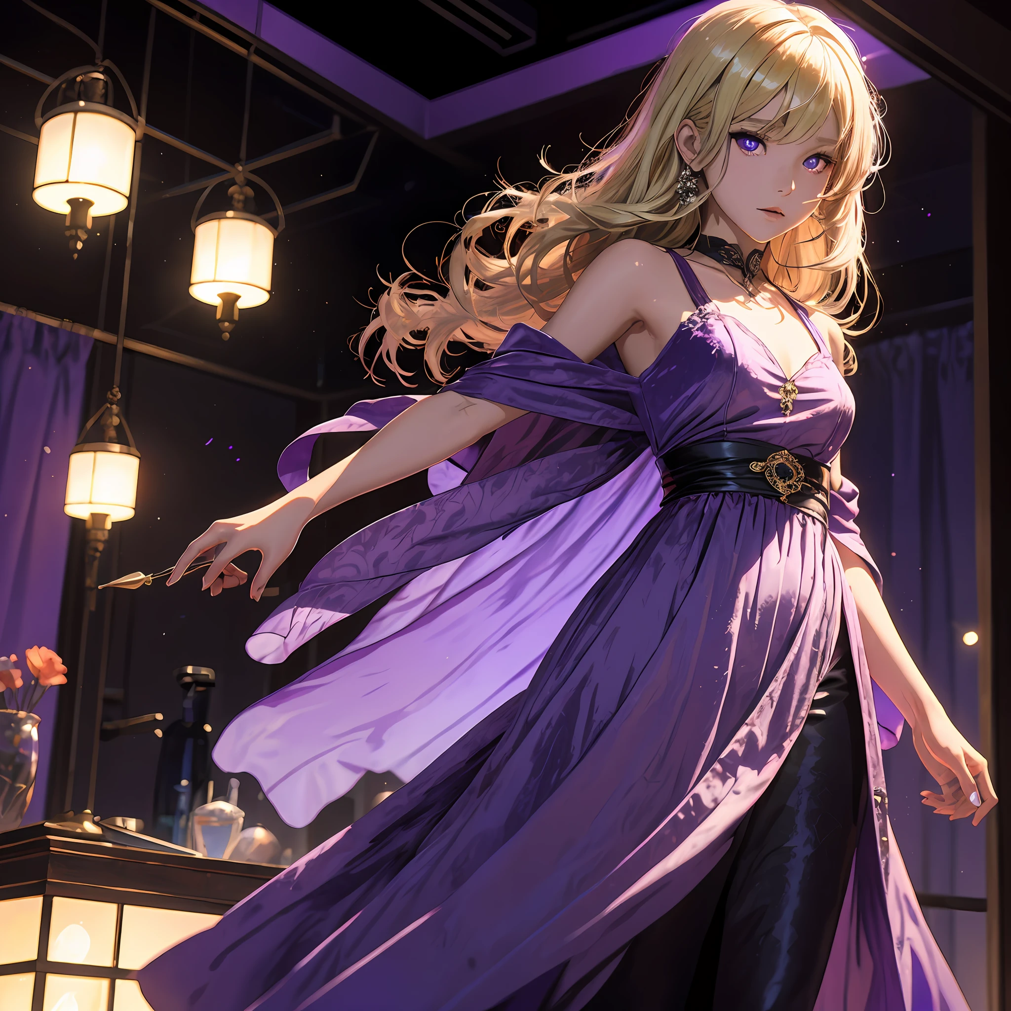 Light blonde haired 2d anime girl with pale bluish purple eyes wearing a purple velvet dress in a purple room, purple glowing lights, under black purple illuminated chandelier --auto