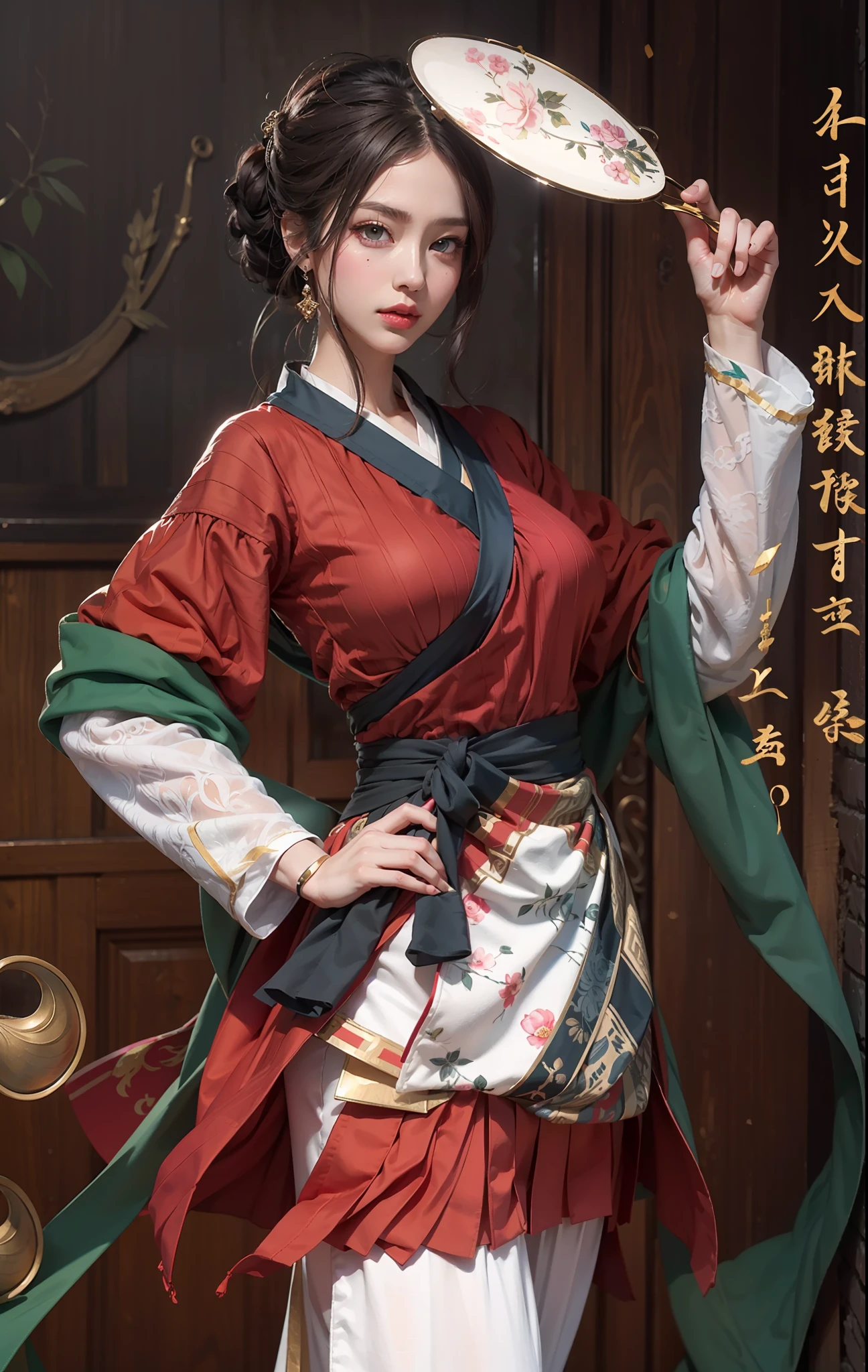 Ancient wind，brunette color hair，Royal Sister，big breasts beautiful，Ladylike，hair adornments，Hanfu，Realistic fingertips，offcial art，Unity 8k壁纸，ultra - detailed，Aesthetics，tmasterpiece，best qualtiy，realisticlying
