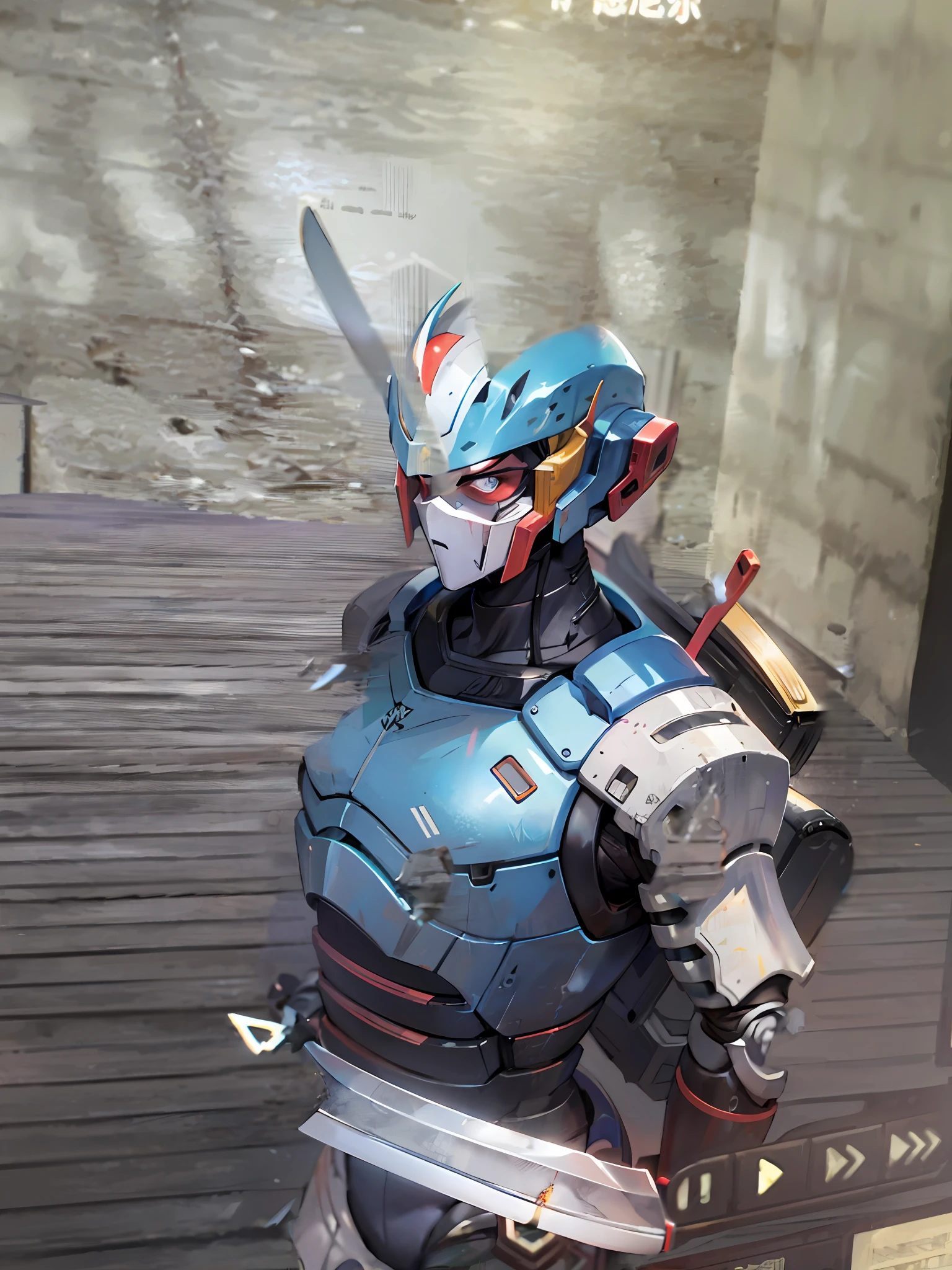Samurai armor robot carrying a machete on his back