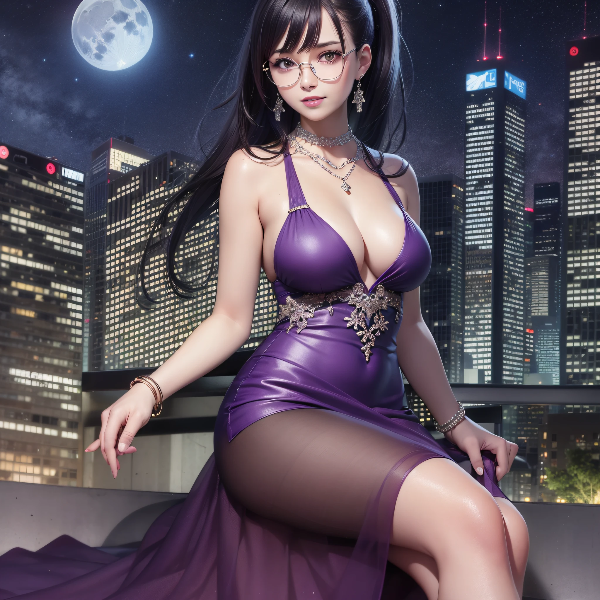 masterpiece,best quality,ultra-detailed,1girl,solo,jewelry,barefoot,breasts,dress,glasses,crossed legs,long hair,moon,earrings,sitting,ponytail,yellow eyes,looking at viewer,night,cleavage,necklace,bare shoulders,black hair,full moon,scrunchie,medium breasts,bracelet,hair ornament,adjusting eyewear,full body,parted lips,feet,sky,off shoulder,bare legs,bangs,purple dress,legs,smile,night sky,outdoors,arm support,purple dress,cityscape,neon lights,skyscrapers,