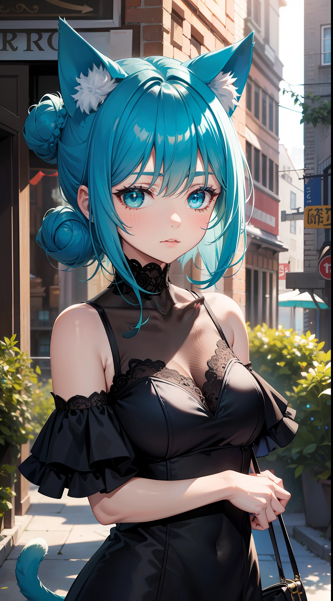 Adult woman, dark turquoise hair in a bun, Cat's ears, turquoise eyes, Rich dress, Masterpiece, hiquality