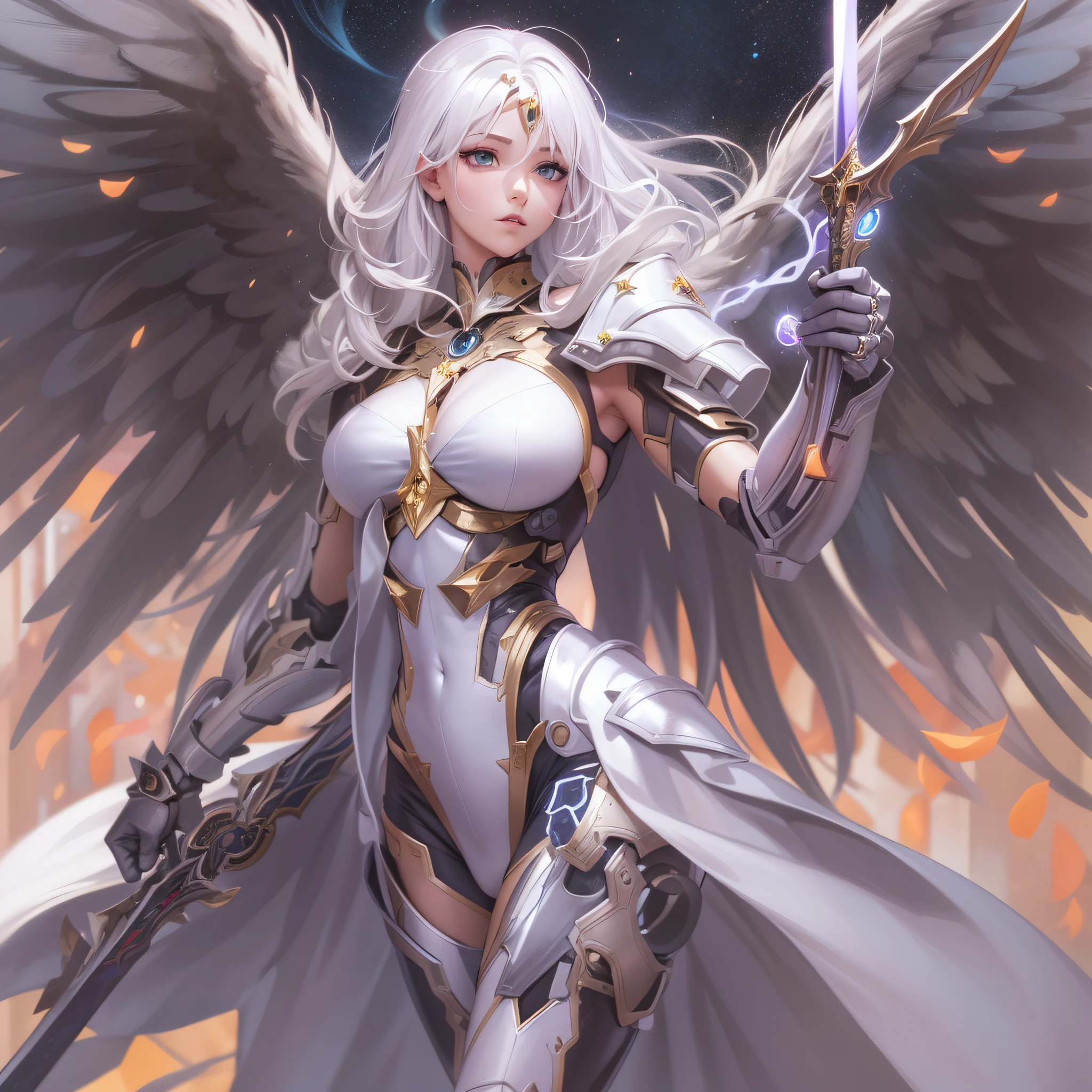 a woman in a costume with a sword, beautiful cyborg angel girl, extremely detailed artgerm, anime goddess, knights of zodiac girl, white haired deity, pin on anime, anime fantasy artwork, beautiful alluring, anime woman, female action anime girl, perfect android girl, cyborg goddess in cosmos, artgerm on artstation pixiv, centered, negative_space