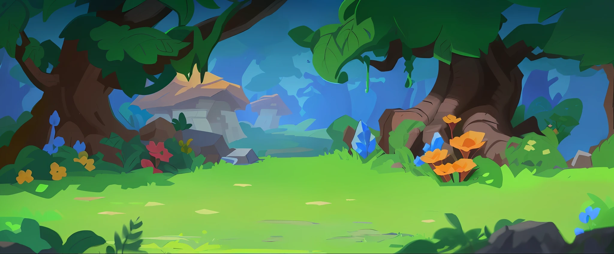 Cartoon scene of a forest with a lot of trees and flowers, Mobile game background, arte de fundo, background artwork, 2 D game art background, odin's stone arena background, Mobile game art, 2d game background, background jungle, arena background, elf forest background, Stylized concept art, savana background, Stylized game art, game background, videogame background