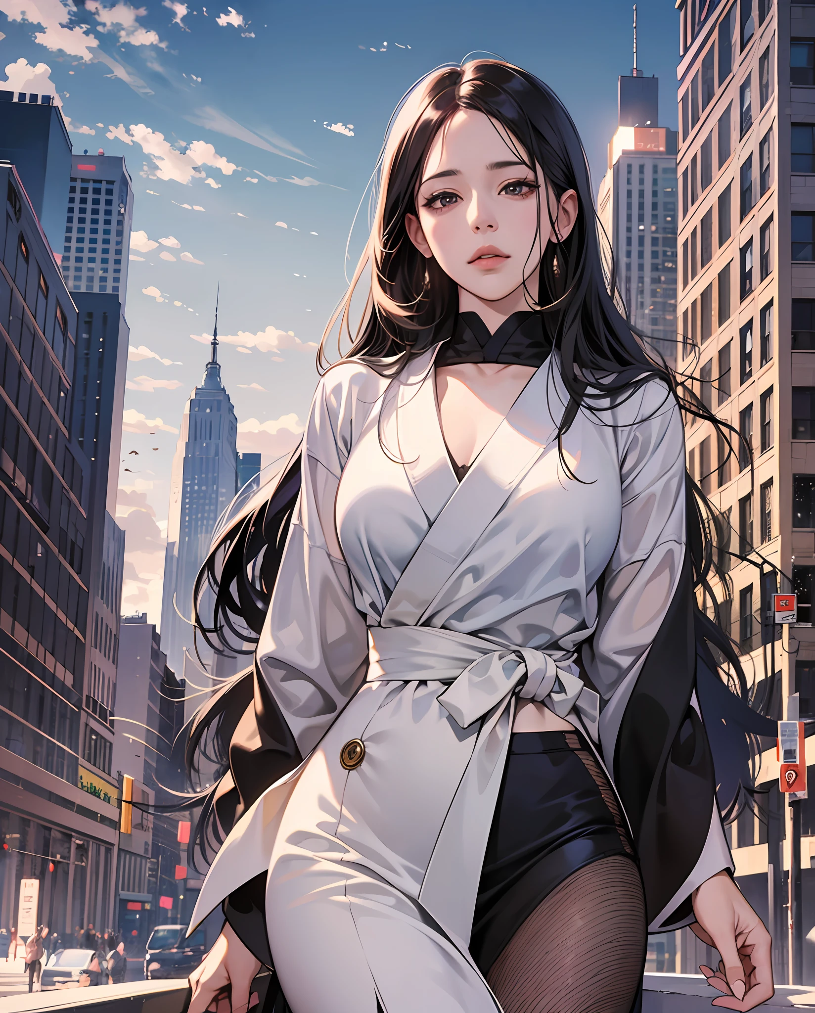 Hyper Realistic Potrait of Rangiku Matsumoto, art by Tite Kubo, in the City of New York, High Resolution, 4K --auto --s2