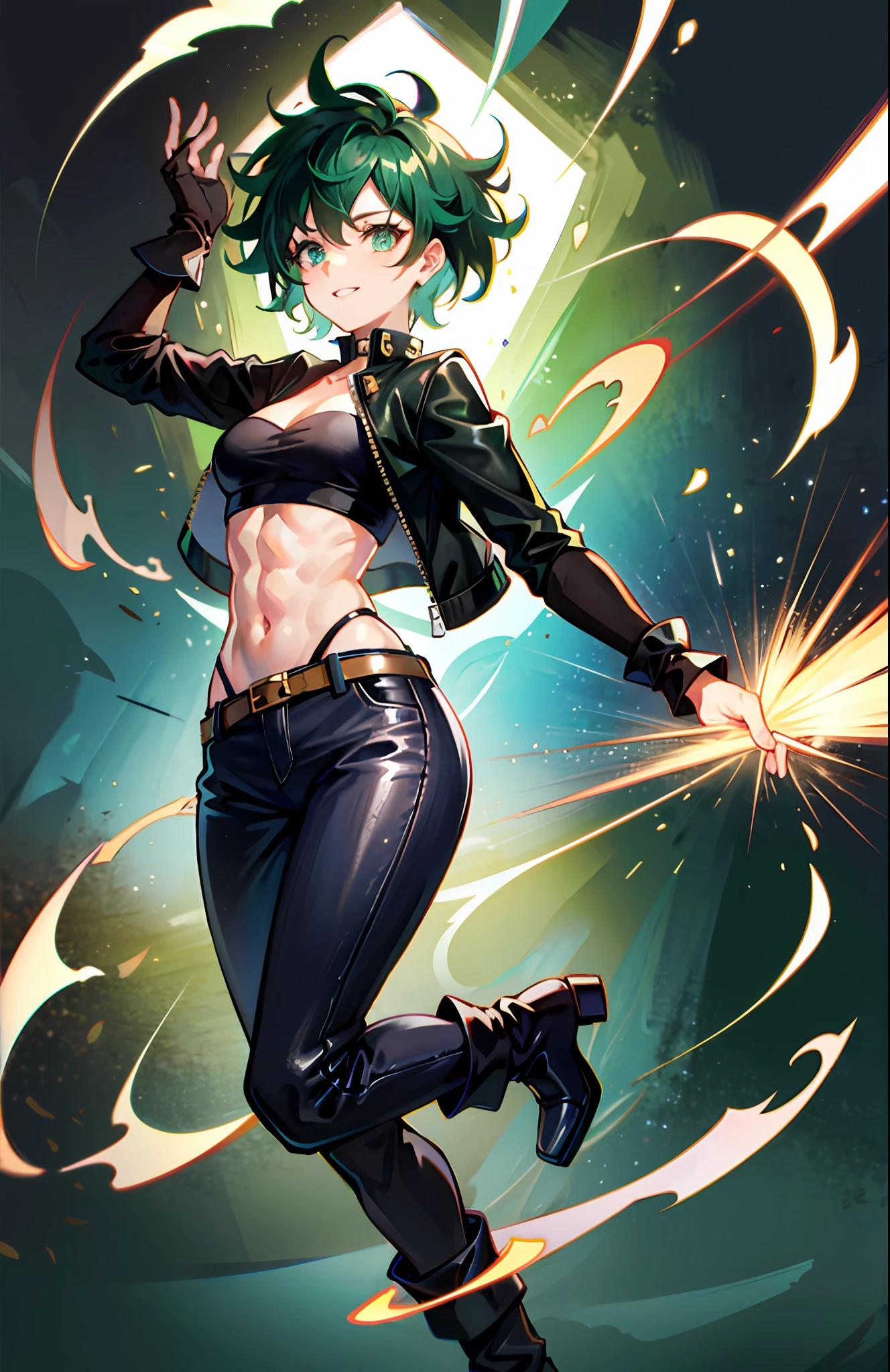 Horikoshi Kouhei, Arte Oficial, Estilo oficial, Midoriya Izuku, Genderbender femenino, pecho mediano, caderas medianas, muslos anchos, Guanteletes negros tachonados, Botines con punteras tachonadas, pantalones de cuero negro, Chaqueta abierta corta de cuero negro, Tapa de tubo negro, ombligo expuesto, Abs, Disparo de vaquero, pelo corto verde rizado, Flequillo lateral largo, ojos verdes, mirada grosera, sonrisa malvada, ojos agudos, Green lightning, fondo negro.