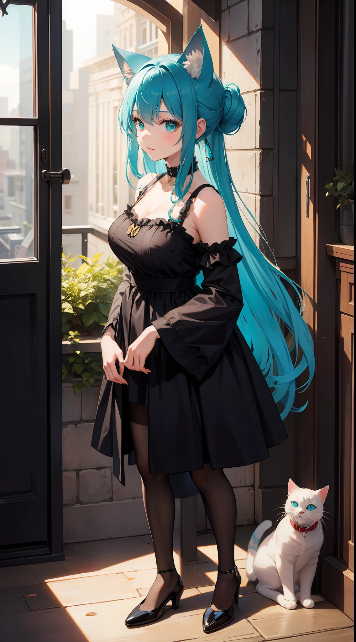 Adult woman, dark turquoise hair in a bun, Cat's ears, turquoise eyes, Rich dress, Masterpiece, hiquality