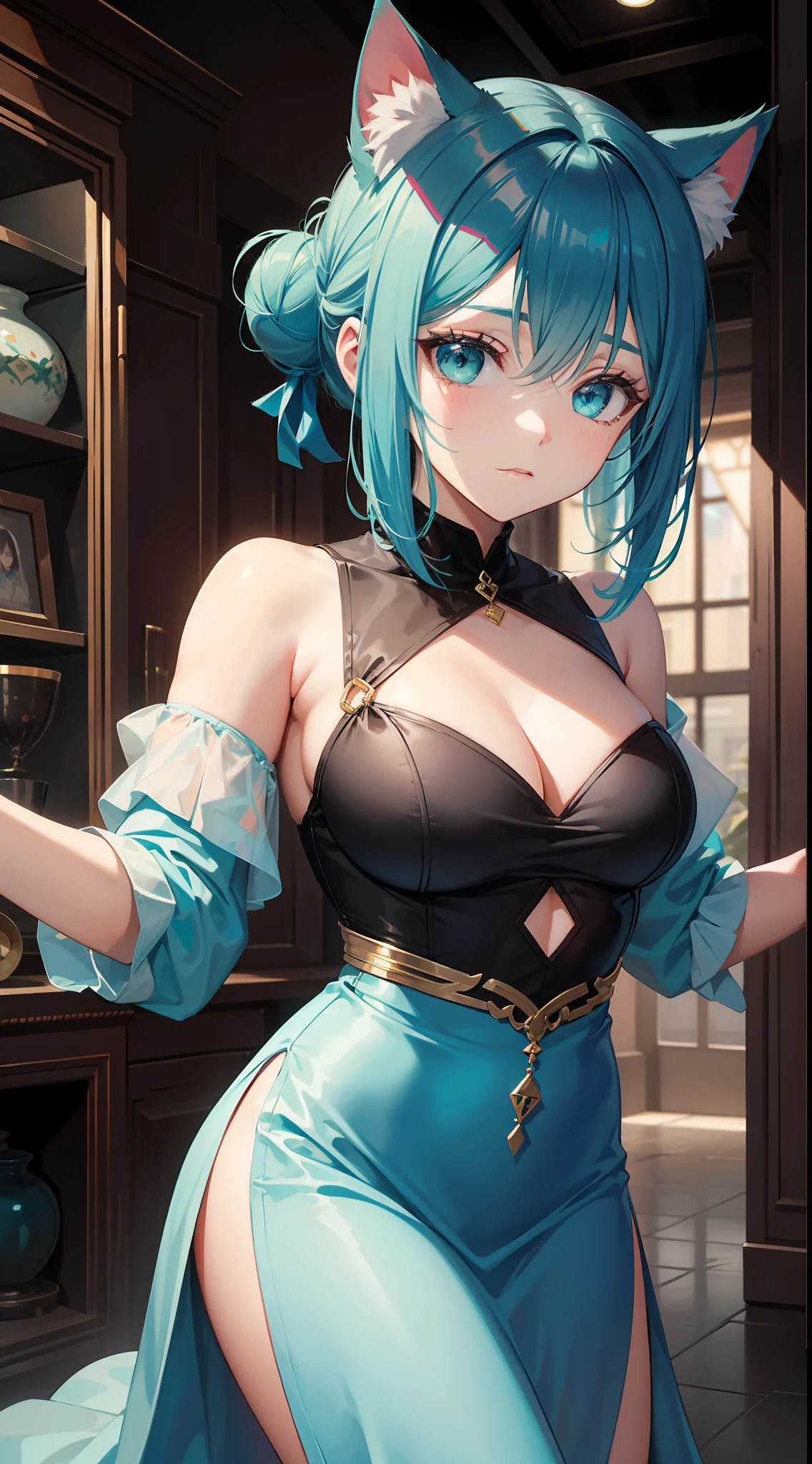 Adult woman, dark turquoise hair in a bun, Cat's ears, turquoise eyes, Rich dress, Masterpiece, hiquality