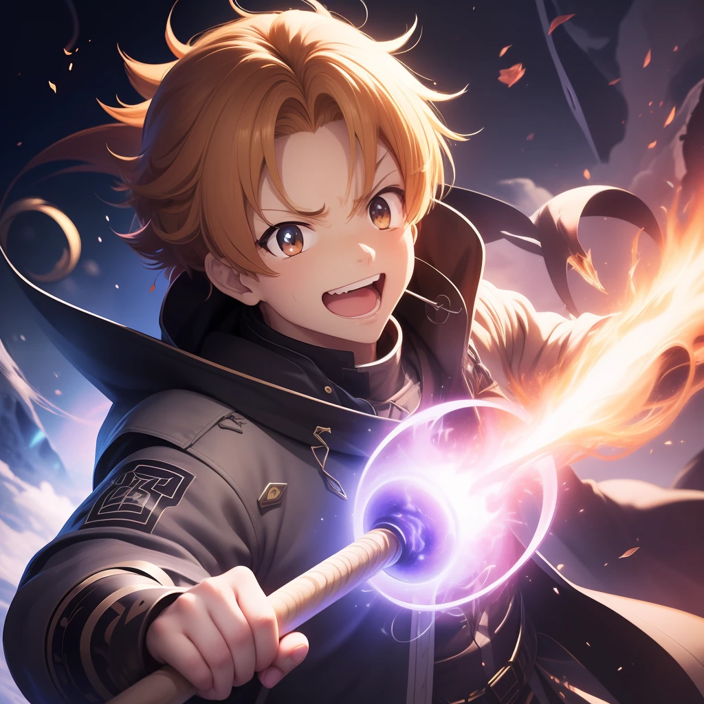 (((Rudeus))),((Obra-prima do anime))), sem humanos, (solo), Concentrating multicolored fireball on the tip of a staff that is in the hands, vortex, particuls, (sentado), 1 garoto, ambiente de fantasia, (((rindo))),