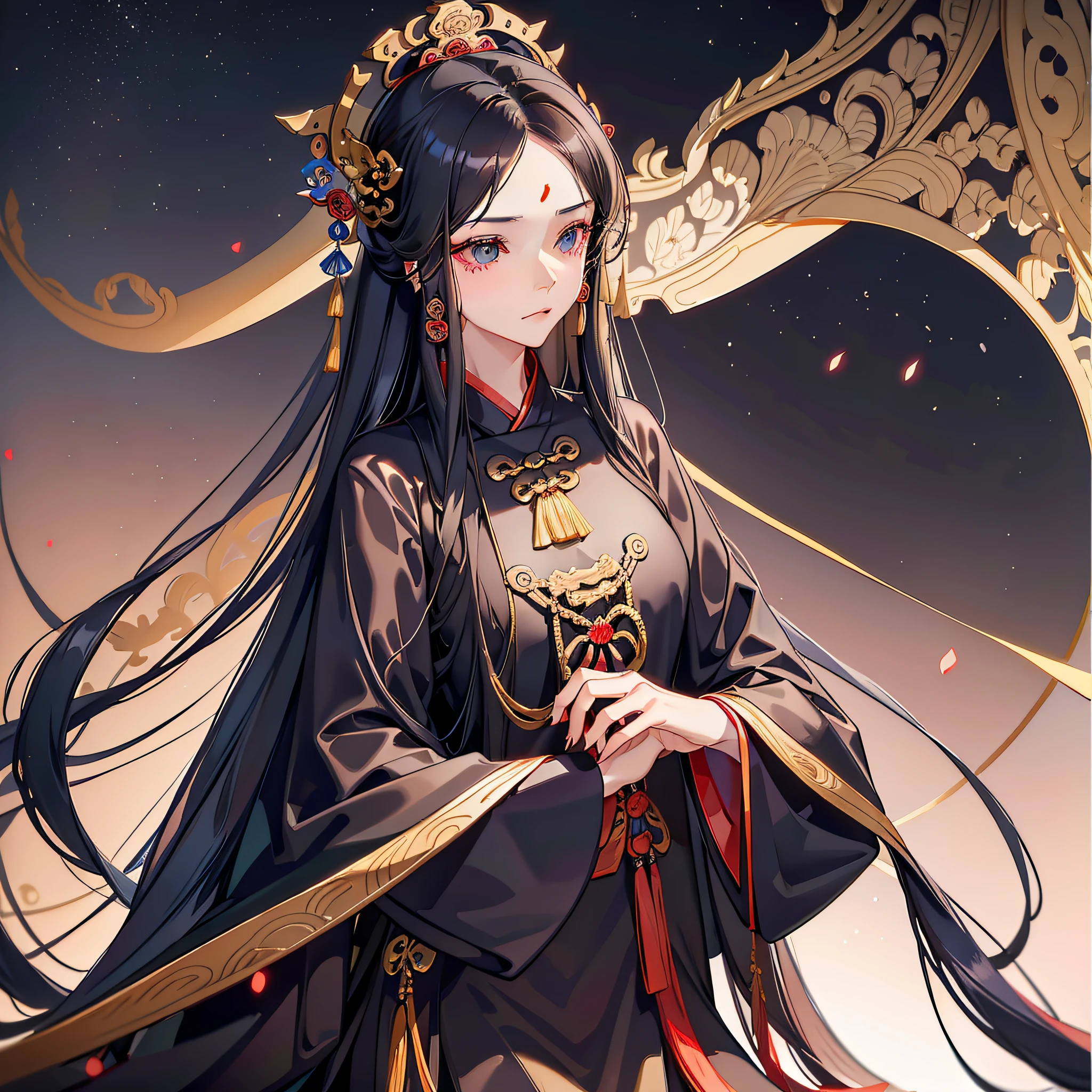 wearing a black dress，Arad woman with long hair, flowing hair and long robes, dark flowing robe, full-body wuxia, inspired by Wu Daozi, flowing magical robe, in a cloak with long hairs, Wuxia, Inspired by Seki Dosheng, Flowing robes, heise jinyao, wearing in black cloak, Zhang Jingna