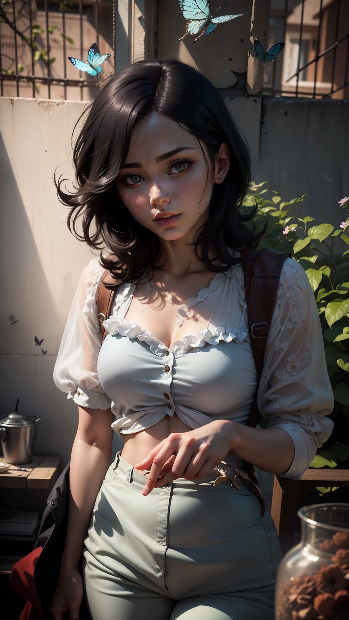 A mesmerizing anime character capturing a photorealistic portrayal of a woman with black hair cascading around her face. She has a flat belly and wearing trousers. She gazes directly at the butterfly that is holding in her hand ,exuding confidence and intrigue. The lighting is expertly crafted, casting beautiful shadows and highlighting her features with professional precision. The background is softly blurred, emphasizing her presence while maintaining a sense of depth. The portrait exudes a sense of realism, with meticulous attention to detail, including the texture of her short hair and the subtle nuances of her parted lips. The image showcases a film grain effect, adding an artistic touch and enhancing the overall atmosphere