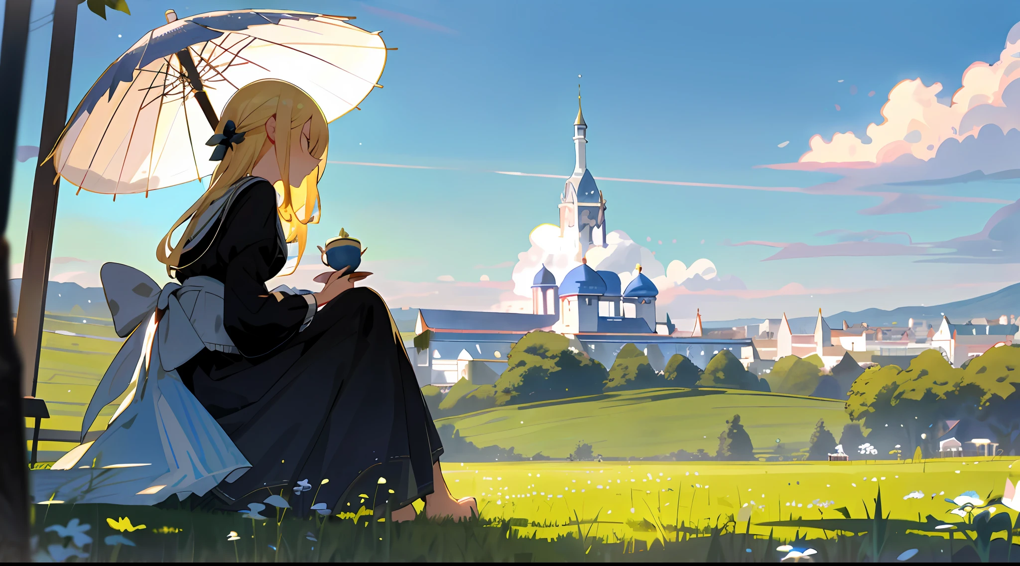 A beautiful girl in a black European dress sitting on an empty lawn，horizon，with blue sky and white clouds，Small tea house，Delicate teacups，and the sun was shining brightly，rainbowing，large environment，the detail，big vista，No buildings，Drinking tea，With a veil，A large parasol stuck to the ground，Need，tmasterpiece，Masterpiece，animemanga girl，blond hairbl，Barefoot，Wide screen，More skies