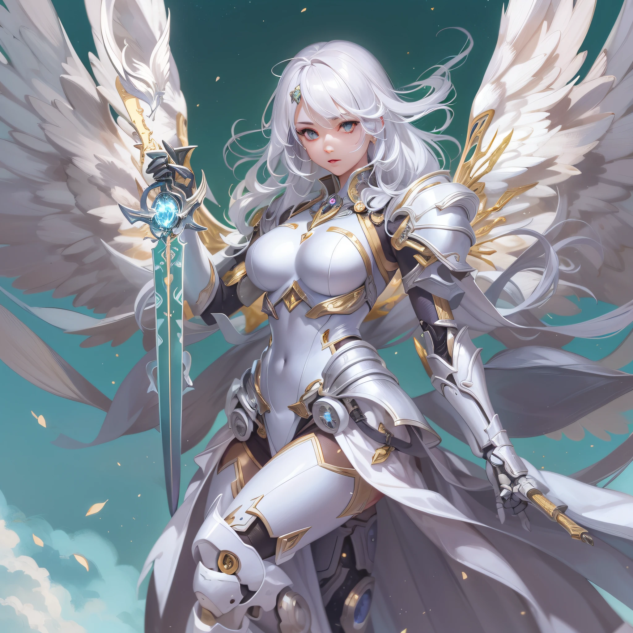 a woman in a costume with a sword, beautiful cyborg angel girl, extremely detailed artgerm, anime goddess, knights of zodiac girl, white haired deity, pin on anime, anime fantasy artwork, beautiful alluring, anime woman, female action anime girl, perfect android girl, cyborg goddess in cosmos, artgerm on artstation pixiv, centered, negative_space