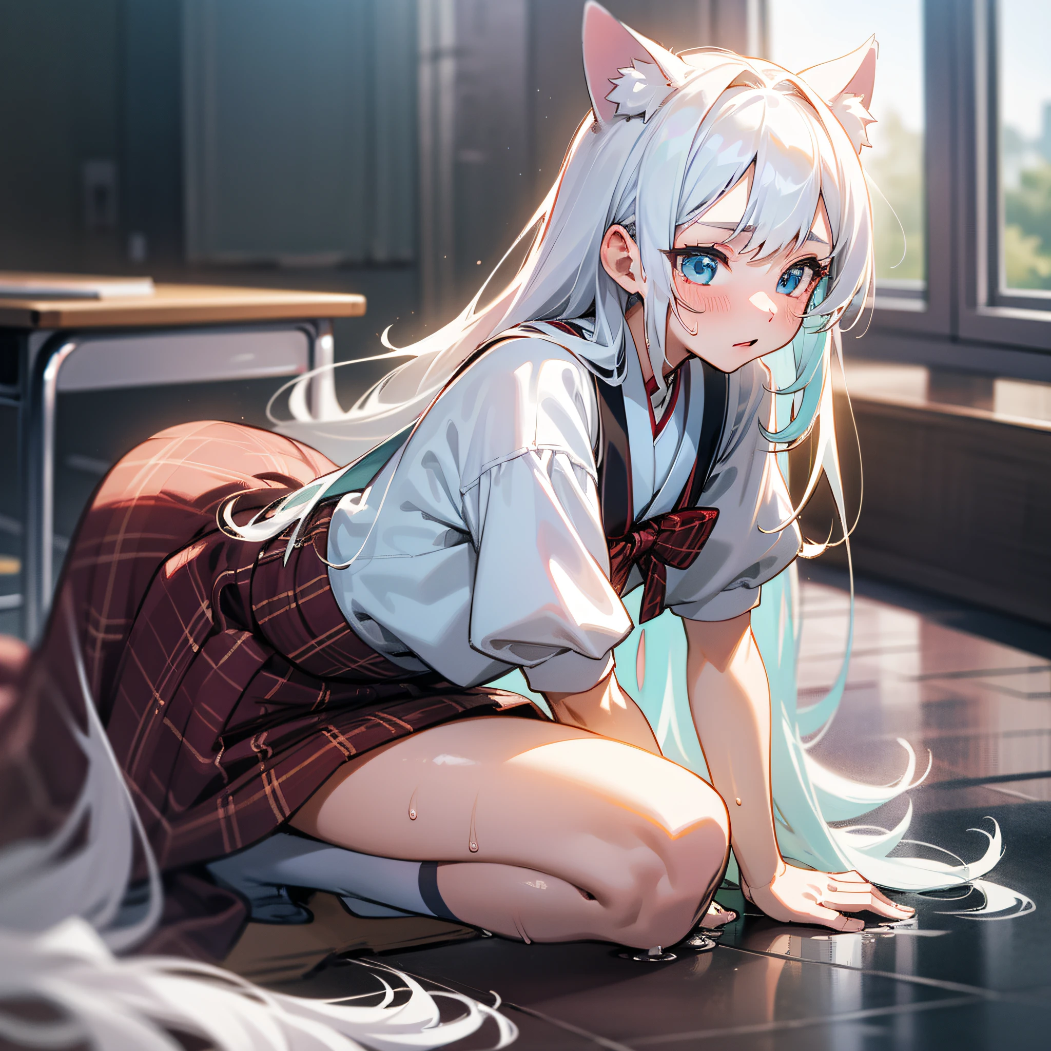 Wearing cat ears on his head,seductive anime girls,white-haired god,anime goddess,Girl with white hair,perfect white hair girl,Detailed long white hair,long hair anime girl,Beautiful anime girls,Blonde anime girl with long hair,Anime Barbie with white stockings,Clothes are shabby,There are a lot of breakages on the skin,Sweat all over the body,perspire,Incontinence,tmasterpiece,best qualtiy:1.2),Female Student,独奏,1girll,Koshita Kono,(shiny skins,wetted skin:1.2),perspired,is shy,looking at viewert,on the floor on all fours,校服,white shirt,Plaid skirts,upper legs,in the afternoon,Female students in the classroom