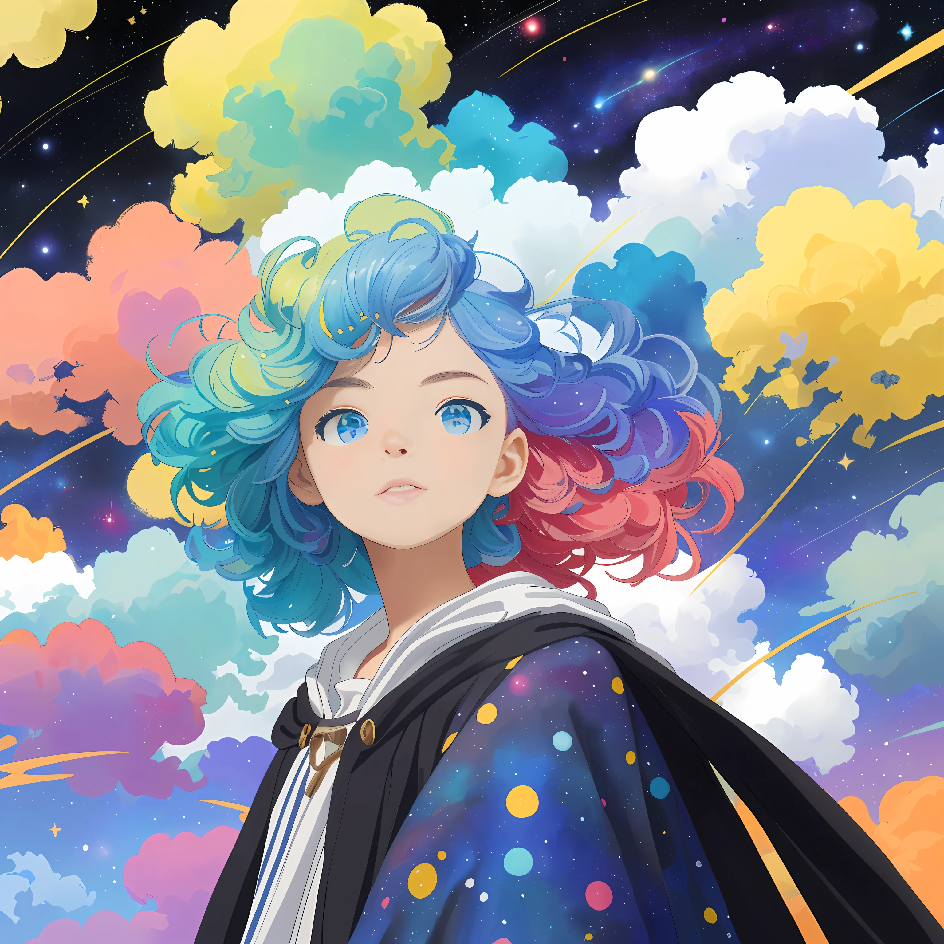 ((masterpiece)), (((best quality))), ((ultra-detailed)), ((illustration)),[realism light effect],shadow,(Fantasy style),(white background:1.6), simple background, (earth theme),(a cloak)[(hair focus,((1girl)),[(big slime hair): (cloud hair):0.3], (hair on background),(high saturation),(Hair is surrounded by galaxy splashes），））：（（Her hair is turning into a galactic cloud，：1.27628），（Hair and clothes are galactic clouds and star clusters：1.1025），（The cloak is turning into a galactic cloud）（colorful_galaxy_print_clusters_of_stars_print：1.35） ,((Detailed starry sky with colorful galaxies and galactic clouds):1.2)):0.35], (((tmasterpiece))),(((best qualtiy))),((ultra - detailed)),(illustratio), (dynamic angle),((floatking)),(Paintwork),((Loose hair)),((beautifull detailed face)),collars,cropped shoulders,((The color hair)),((Striped hair)),Beautiful detailed eyes,(Gradient color eyes),(((Colored eyes))),(((coloured background))),(((high saturated))),(((Surrounded by colorful splashes))),(((Surrounded by colored dots))),Colored bubbles,((shiny)),half-body portrait，