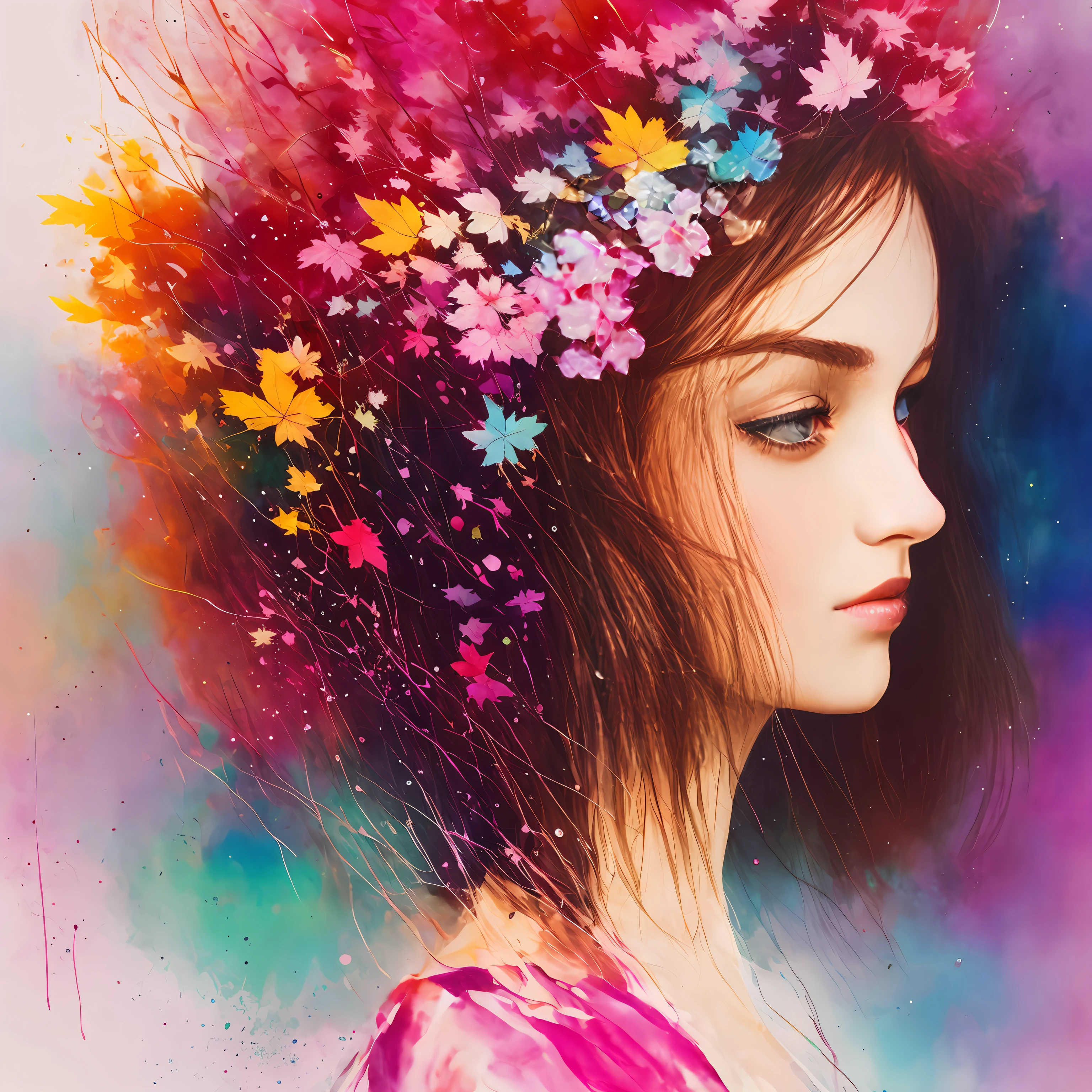 woman with agnes cecile, glowing design, pastel colors, ink drops, autumn lights