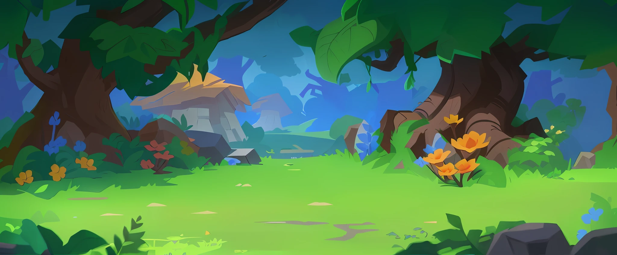 Cartoon scene of a forest with a lot of trees and flowers, Mobile game background, arte de fundo, background artwork, 2 D game art background, odin's stone arena background, Mobile game art, 2d game background, background jungle, arena background, elf forest background, Stylized concept art, savana background, Stylized game art, game background, videogame background