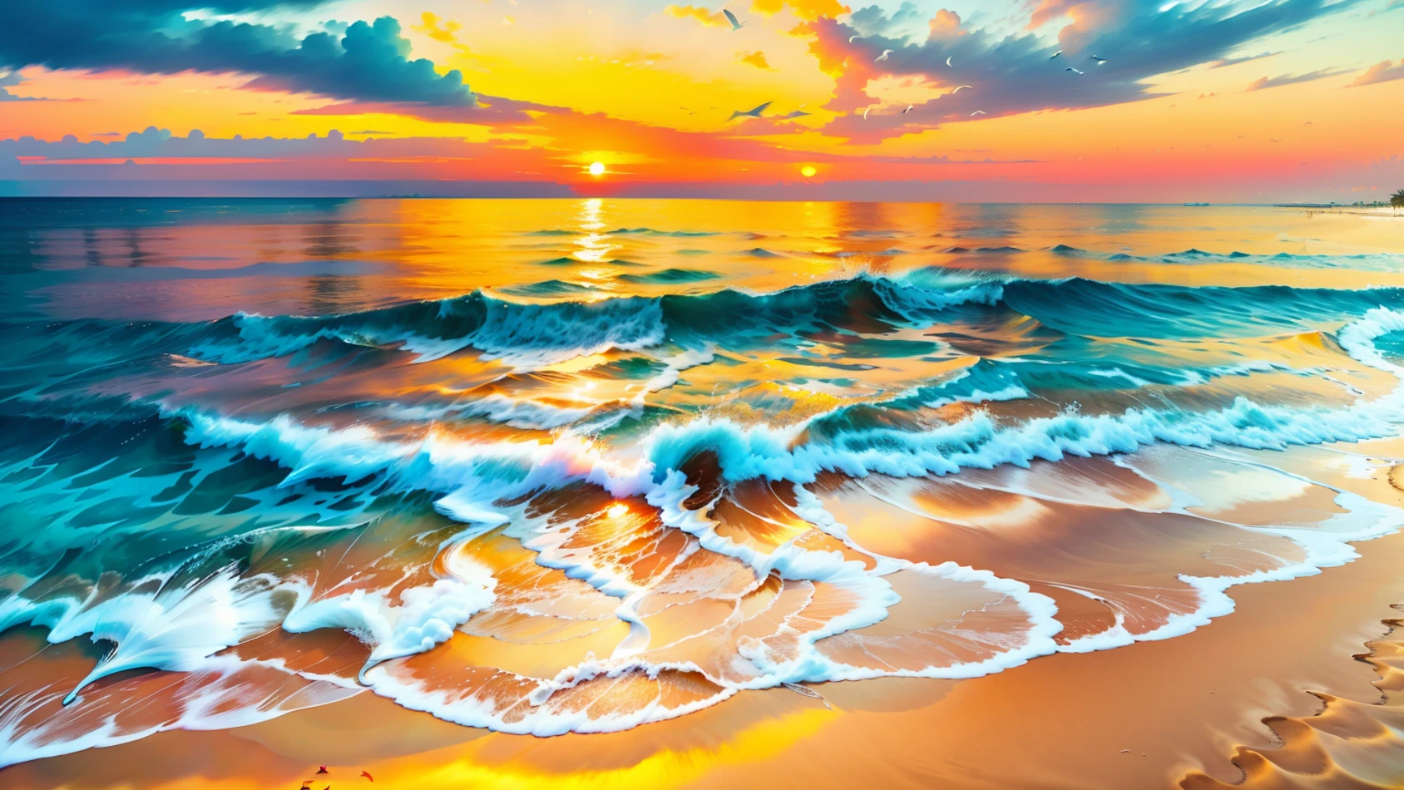 The crystal clear waters gently kiss the white and flawless sand,Seagulls soar in the sky,Palm trees sway gently,Create a stunning scene full of movement and calm。Highlight orange、Pink and yellow sunsets,It adds a beautiful atmosphere to this scene,Make people feel connected to the world。