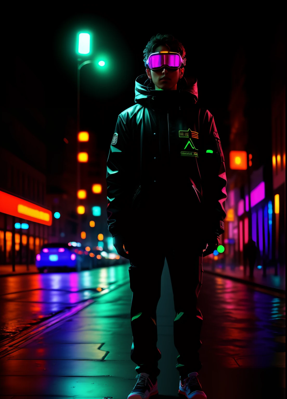An award-winning masterpiece photo of a psychedelic cyborg standing on a city street at night in the rain, wearing neon glowing goggles, 8k, (high quality: 1.1), (cinematic: 1.1), dark and deep Shadows, Incredibly Intricate Detail, Artistic, (Close: 1.1), Viewed from Above, Looking at Viewer, (Flash: 1.1), (Chromatic Aberration,: 1.2) Floating Light Artifacts in Background