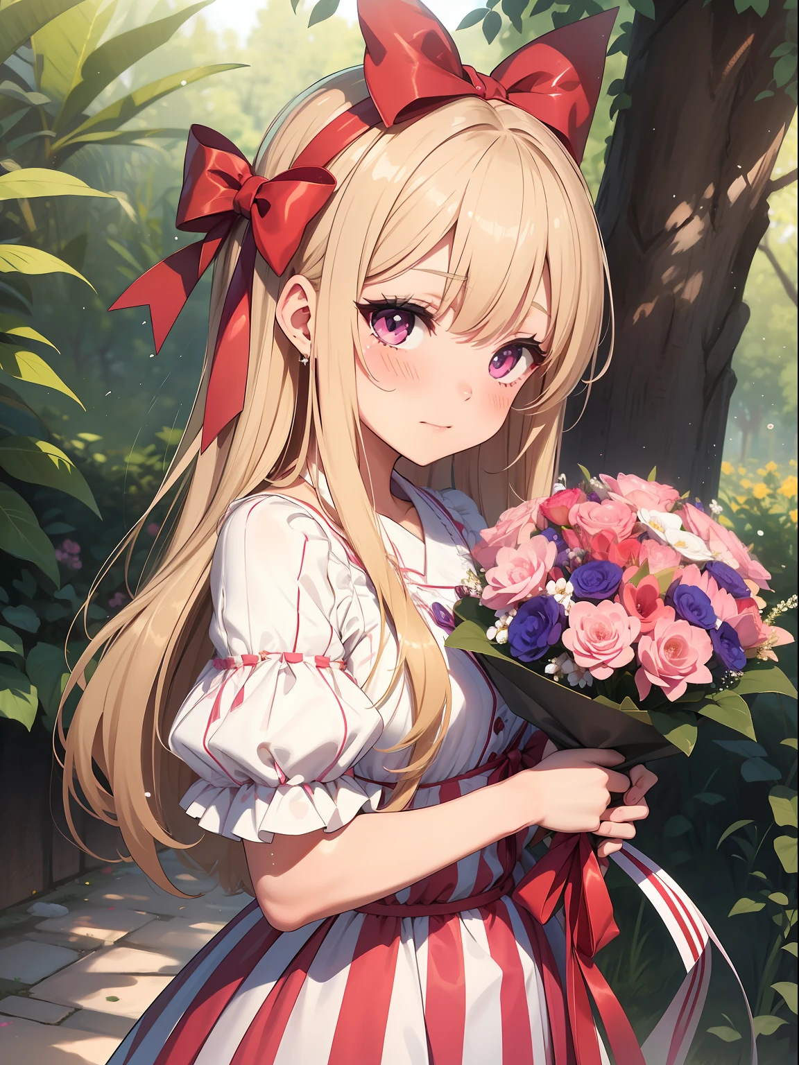 Ecchi、Ecchi、Ecchi、Pink eyes、a blond、vertical stripes、Pink Bigini、red blush、cute little、Transcendent Cute、Idol、sparkly eyes、​​clouds、Rest in the shade、ruby、bow ribbon、Lost、A bouquet full of flowers、