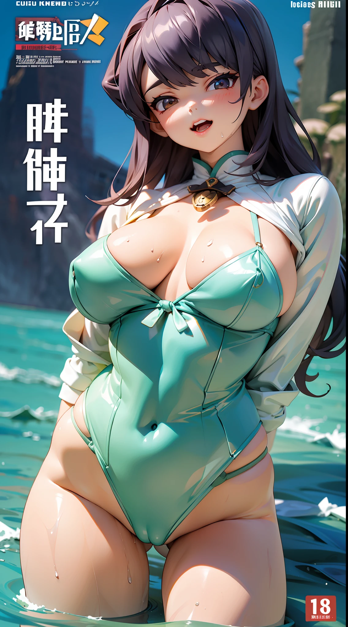 komi shuuko,Fleshy thighs,White open clothes,Simetall,Chest open,Full muscles,The sides of the chest are exposed,Round gluteus maximus,soaking wet,Tall,Ocean park,Simetall,Comic cover style,Comic cover title