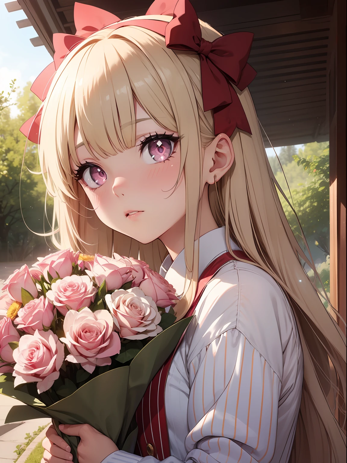 Ecchi、Ecchi、Ecchi、Pink eyes、a blond、vertical stripes、Pink Bigini、red blush、cute little、Transcendent Cute、Idol、sparkly eyes、clouds、Rest in the shade、ruby、bow ribbon、Lost、A bouquet full of flowers、