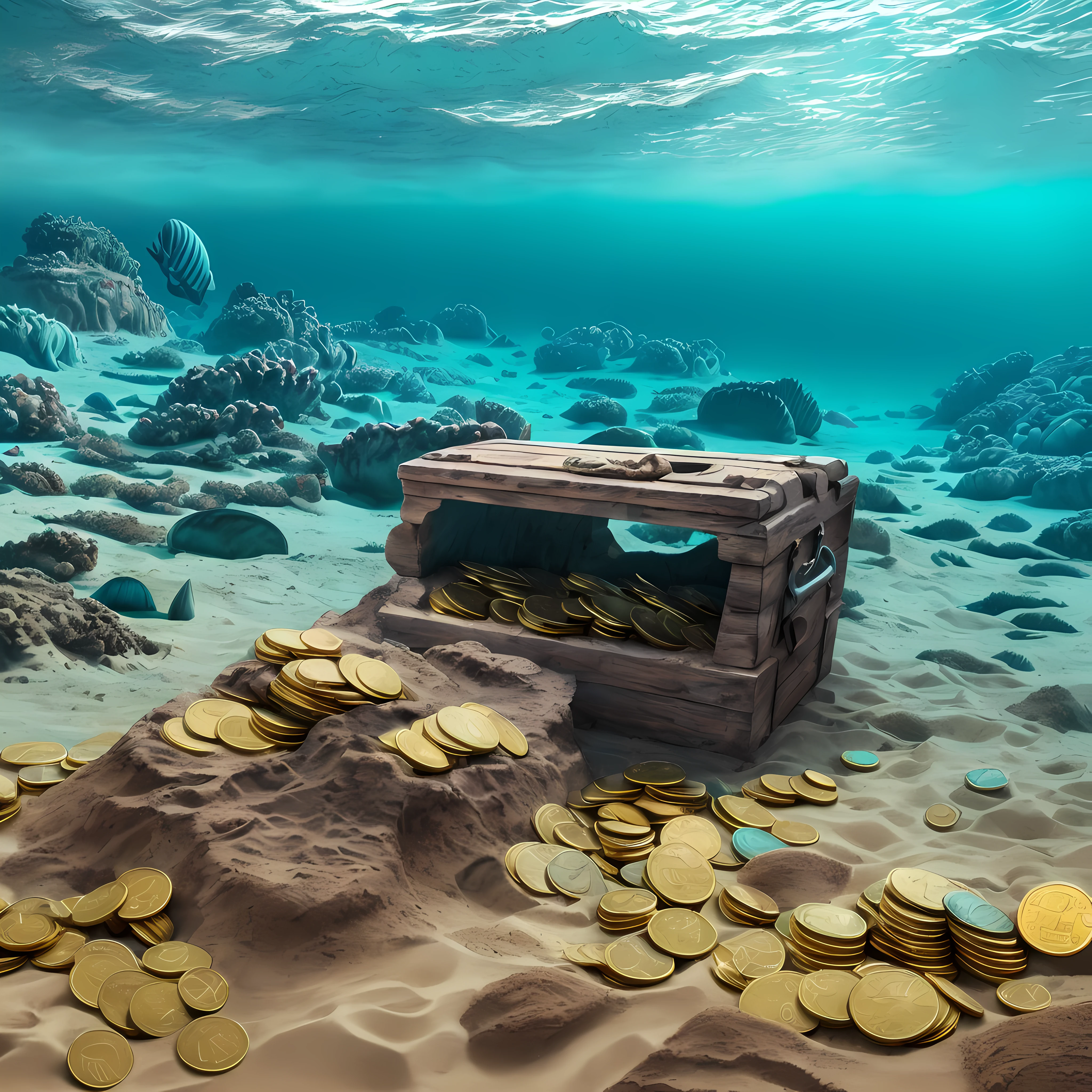 (((deep sea, very deep, sandy bottom))), Treasure, open chest, gold coins, shipwreck, , high quality photography, 8K UHD