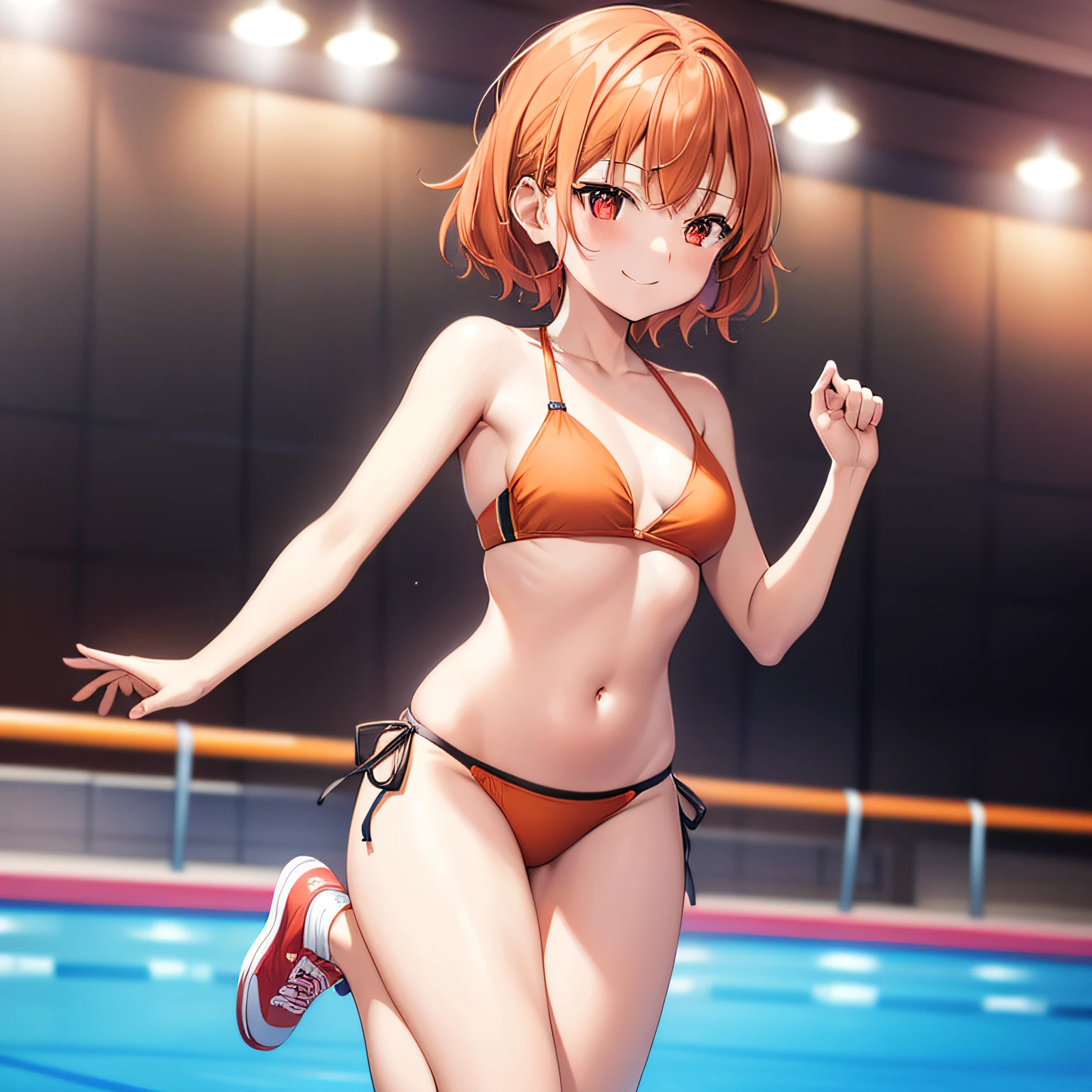 1girl in, {{{{Yu Kitazawa}}}}, {Band Dream!}, Orange hair, Red Eyes, Short hair, Small breasts,Orange high-leg bikini、(Orange wrestling shoes)、Indoor pool、Stand on a pool float、is standing、Screen behind、Happy smile、Raise your right hand high