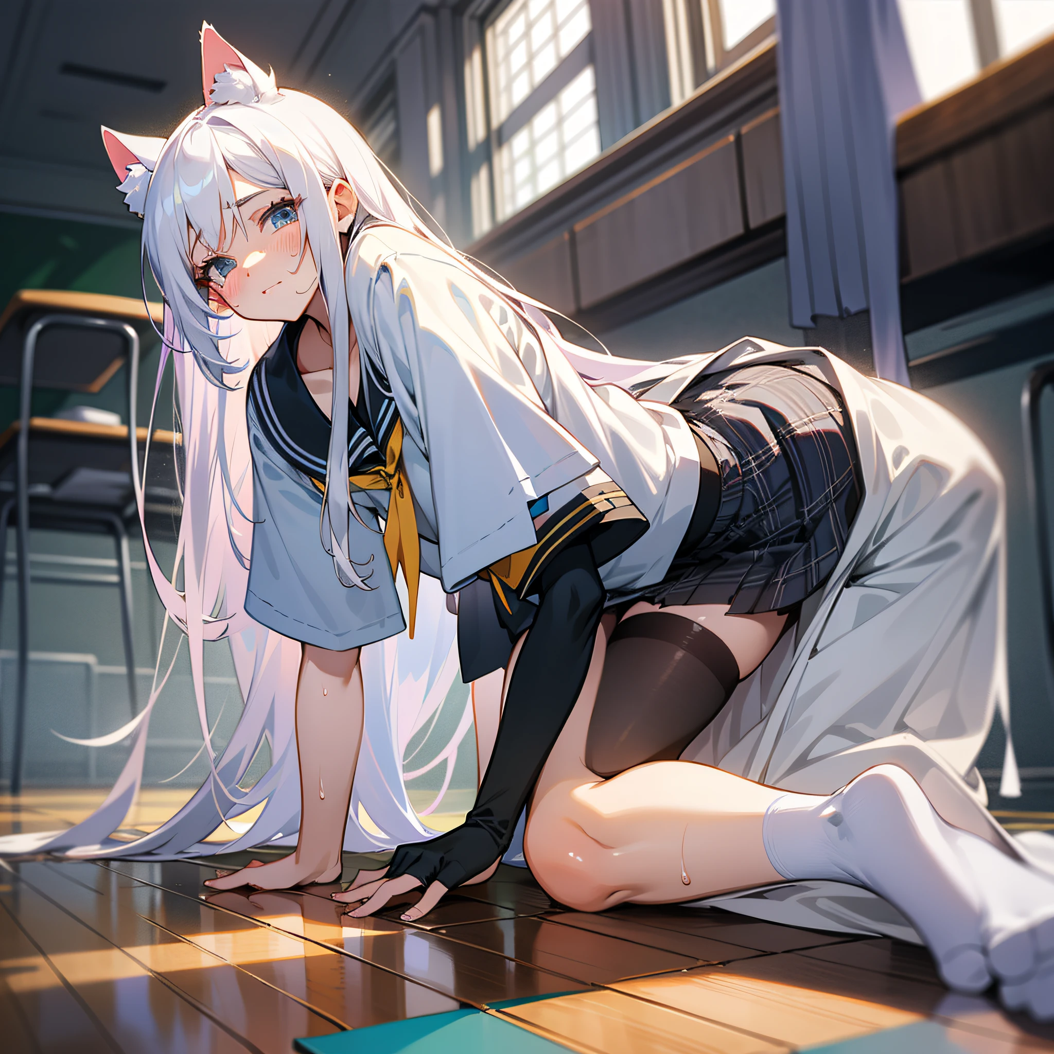 Wearing cat ears on his head，seductive anime girls，white-haired god，anime goddess，Girl with white hair，perfect white hair girl，Detailed long white hair，long hair anime girl，Beautiful anime girls，Blonde anime girl with long hair，Anime Barbie with white stockings，Clothes are shabby，There are a lot of breakages on the skin，Sweat all over the body，perspire，Incontinence，tmasterpiece，best qualtiy：1.2），Female Student，独奏，1girll，Koshita Kono，（shiny skins，wetted skin：1.2），perspired，is shy，looking at viewert，on the floor on all fours，校服，white  shirt，Plaid skirts，upper legs，in the afternoon，Female students in the classroom