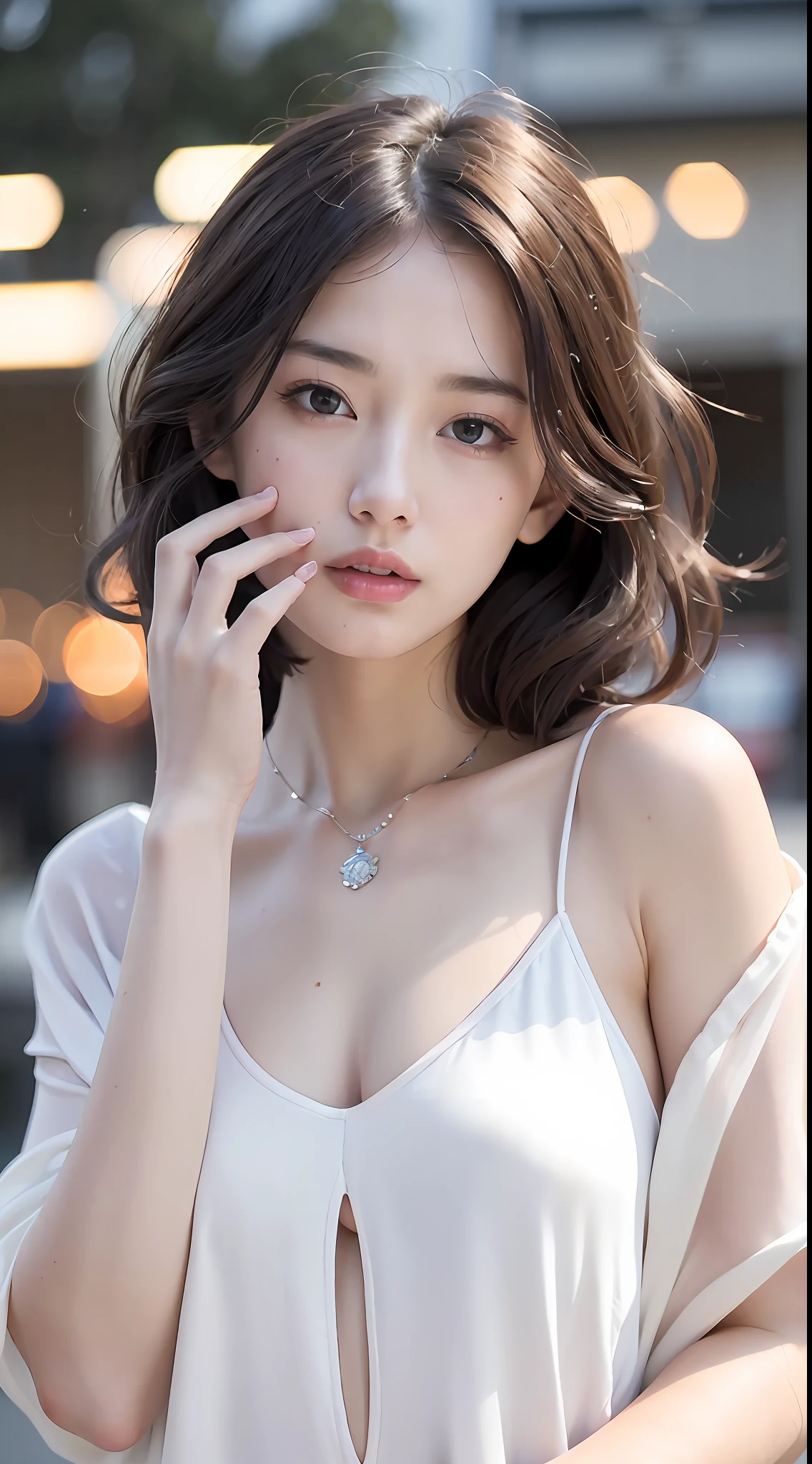 A girl holding a camera, mix4,(8k, RAW photo, best quality, masterpiece:1.2), (realistic, photo-realistic:1.37),1girl,cute,cityscape, night, rain, wet, professional lighting, photon mapping, radiosity, Physically-based rendering, gradient brunette hair, short curly hair, handsome, girly, white ball set, superb picture quality, high resolution, 1080p, (clear face), (detailed face description), (detailed hand description), (masterpiece), (exquisite CG), extreme light and shadow, messy hair, masterpiece, rich detail, (exquisite facial features), (highest image quality), (masterpiece), (detailed eyes), look forward to your eyes, delicate collarbone