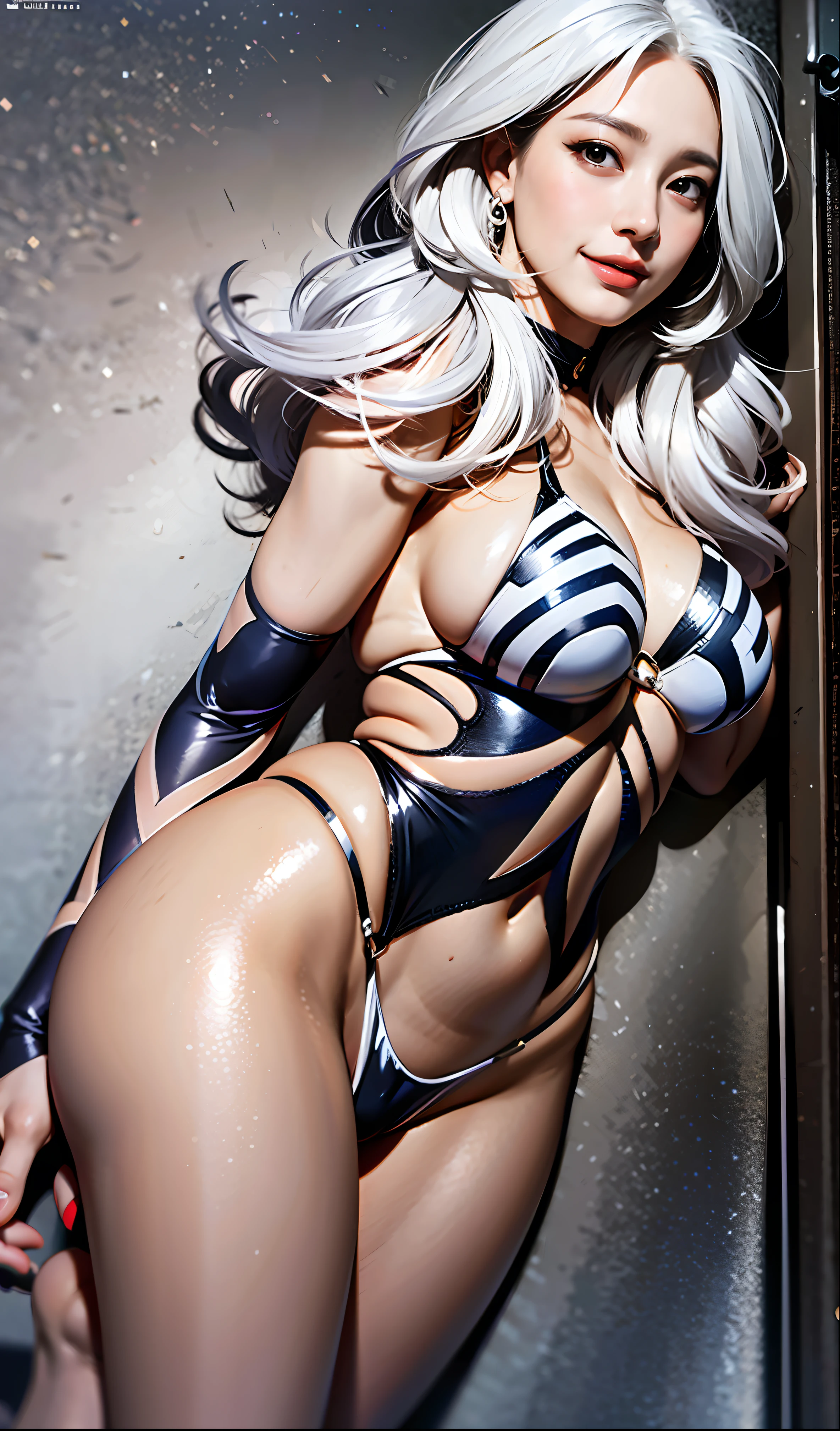 A sexy woman,Height 177cm,Creamy white hair,Black accessories on the top of the head,Let go of your hands,Smiling at you,Stand sideways on the ground,Behind her was a white snowfield,Masterpiece-quality CG,hyper HD,high rise,depth of fields,16k,best qualityer,high detal,textureskin,anatomy correct,softlighting,Face brightening,extremely detailed photo