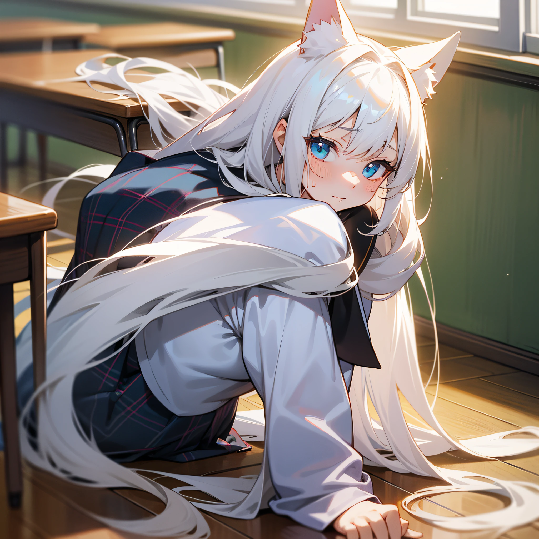 Wearing cat ears on his head,seductive anime girls,white-haired god,anime goddess,Girl with white hair,perfect white hair girl,Detailed long white hair,long hair anime girl,Beautiful anime girls,Blonde anime girl with long hair,Anime Barbie with white stockings,Clothes are shabby,There are a lot of breakages on the skin,Sweat all over the body,perspire,Incontinence,tmasterpiece,best qualtiy:1.2),Female Student,独奏,1girll,Koshita Kono,(shiny skins,wetted skin:1.2),perspired,is shy,looking at viewert,on the floor on all fours,校服,white shirt,Plaid skirts,upper legs,in the afternoon,Female students in the classroom