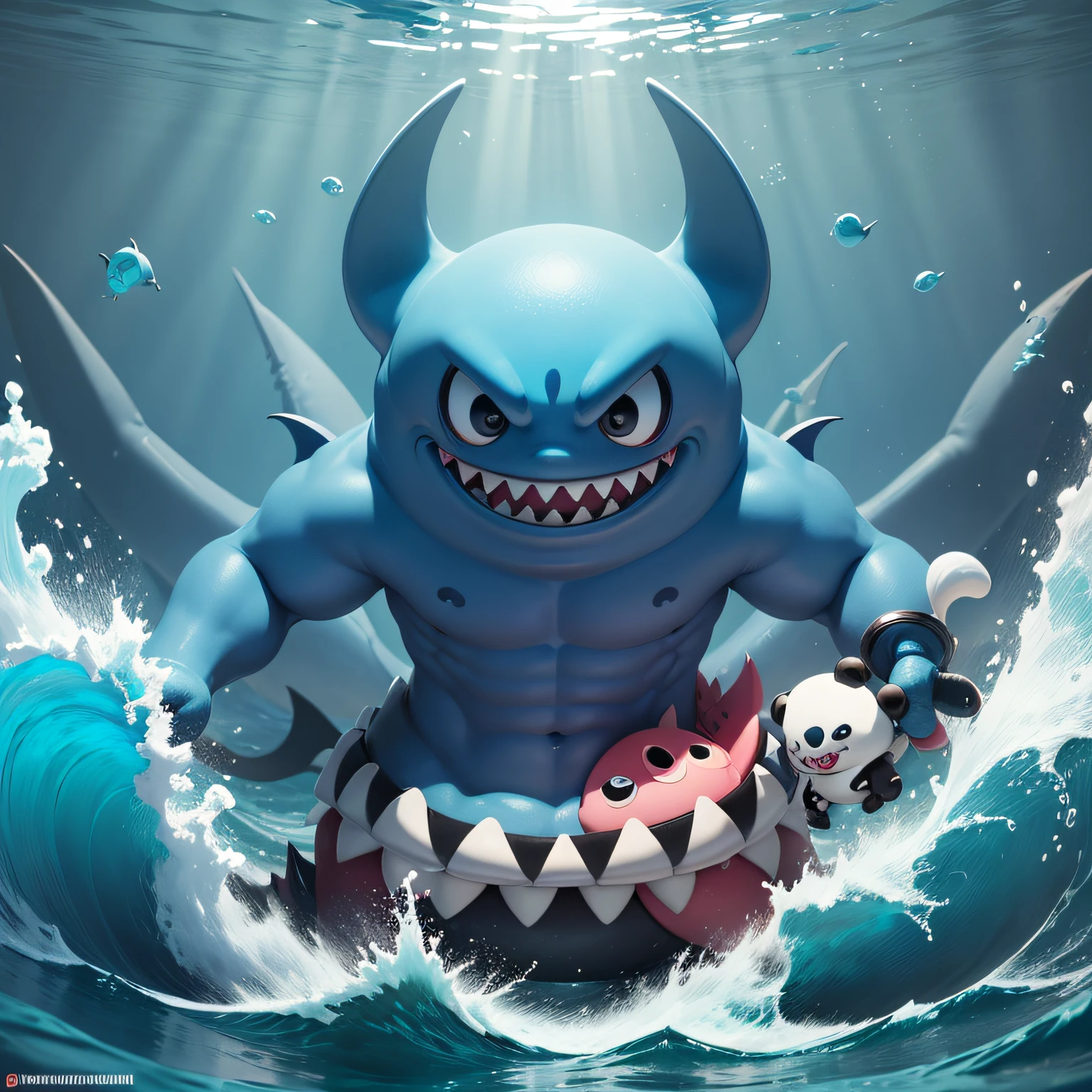 A fantz monster design, Funny, Ultra detailed, Cute,A mixture of shark and panda, Colorful, Cross-eyed,the sea, Waves, Fight,Water dances around the body,Crab tongs,musculature,Tentacle,Blue transparent water, --auto