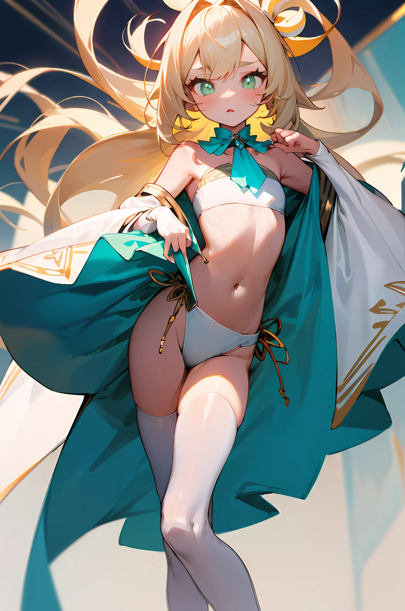 blond hairbl,long whitr hair,Turquoise pupils,white stockings,tmasterpiece,Impeccable,fleshy legs,with fair skin,Beautiful shoulders,White bandeau,white dresses,flatchest,petite,chiquita,Beautie,