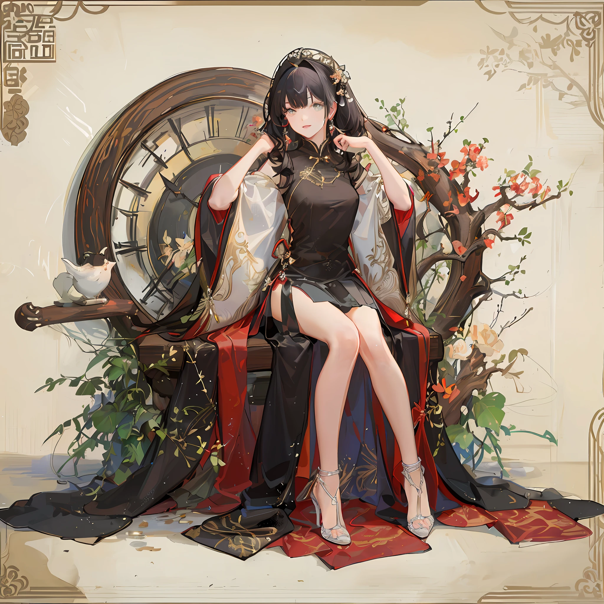 (Masterpiece, Best Quality:1.2), absurdres, (Traditional Media:1.2), (2d:1.2), (centered:1.3), illustration, skirt_tail, highly detailed, (ultra-detailed), mid shot, (full body:1.3), (perfect female figure), skirt, dress, frills, sitting on a chair, high heels, (solo), beautiful, (detailed eyes, detailed face:1.2), lips, smilebeautiful, lips, shiny, dynamic pose, various colors, depth of field, scenery, (details:1.2), sharp focus, depth of field, center frills