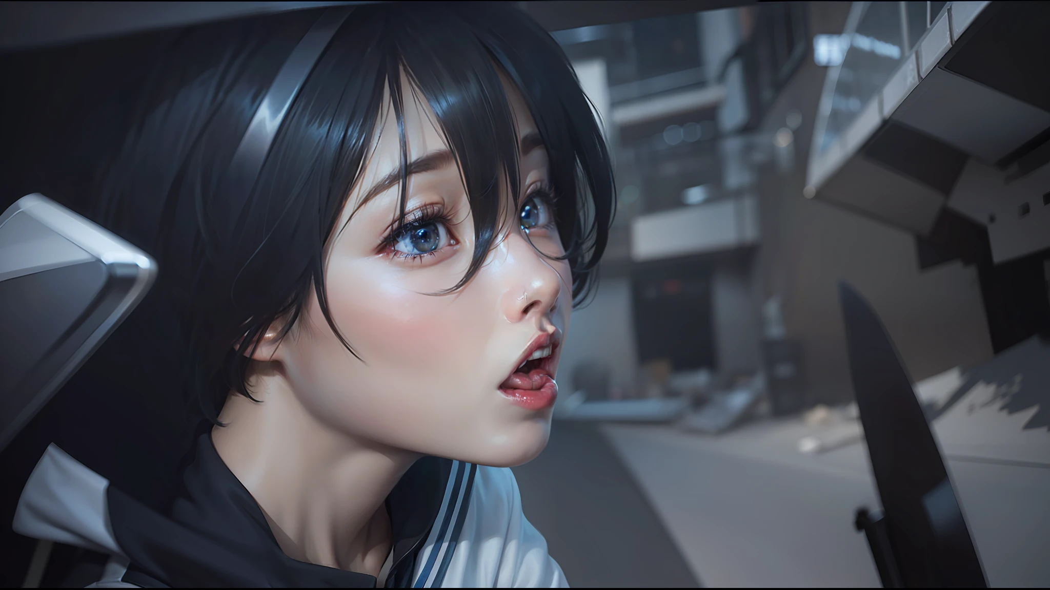 1 girl, black hair, short hair, blue eyes, realistic, ultra realistic, open mouth