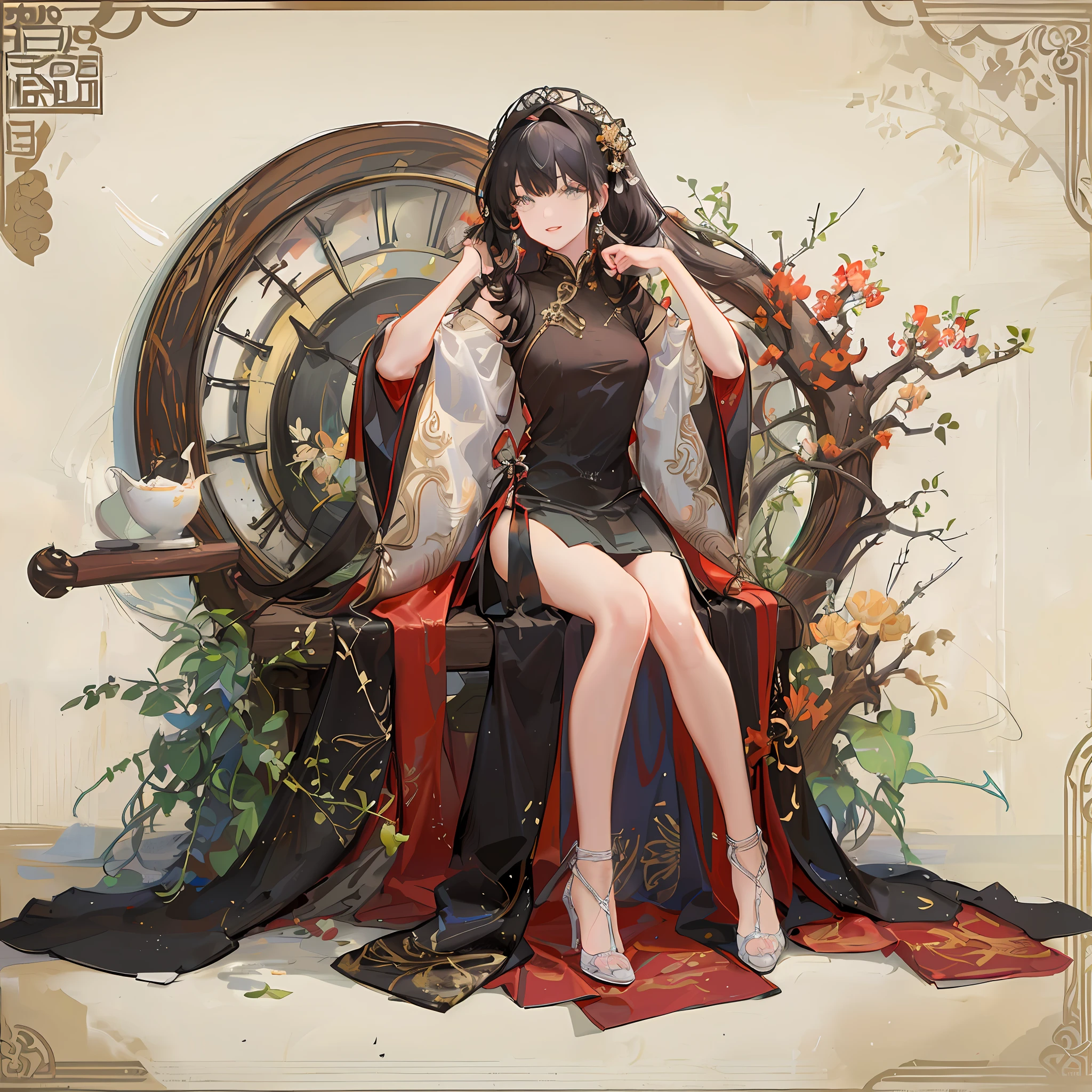 (Masterpiece, Best Quality:1.2),  absurdres, (Traditional Media:1.2), (2d:1.2), (centered:1.3), illustration, skirt_tail, highly detailed, (ultra-detailed), mid shot, (full body:1.3), (perfect female figure), skirt, dress, frills, sitting on a chair, high heels, (solo), beautiful, (detailed eyes, detailed face:1.2), lips, smilebeautiful, lips, shiny, dynamic pose, various colors, depth of field, scenery, (details:1.2), sharp focus, depth of field, center frills