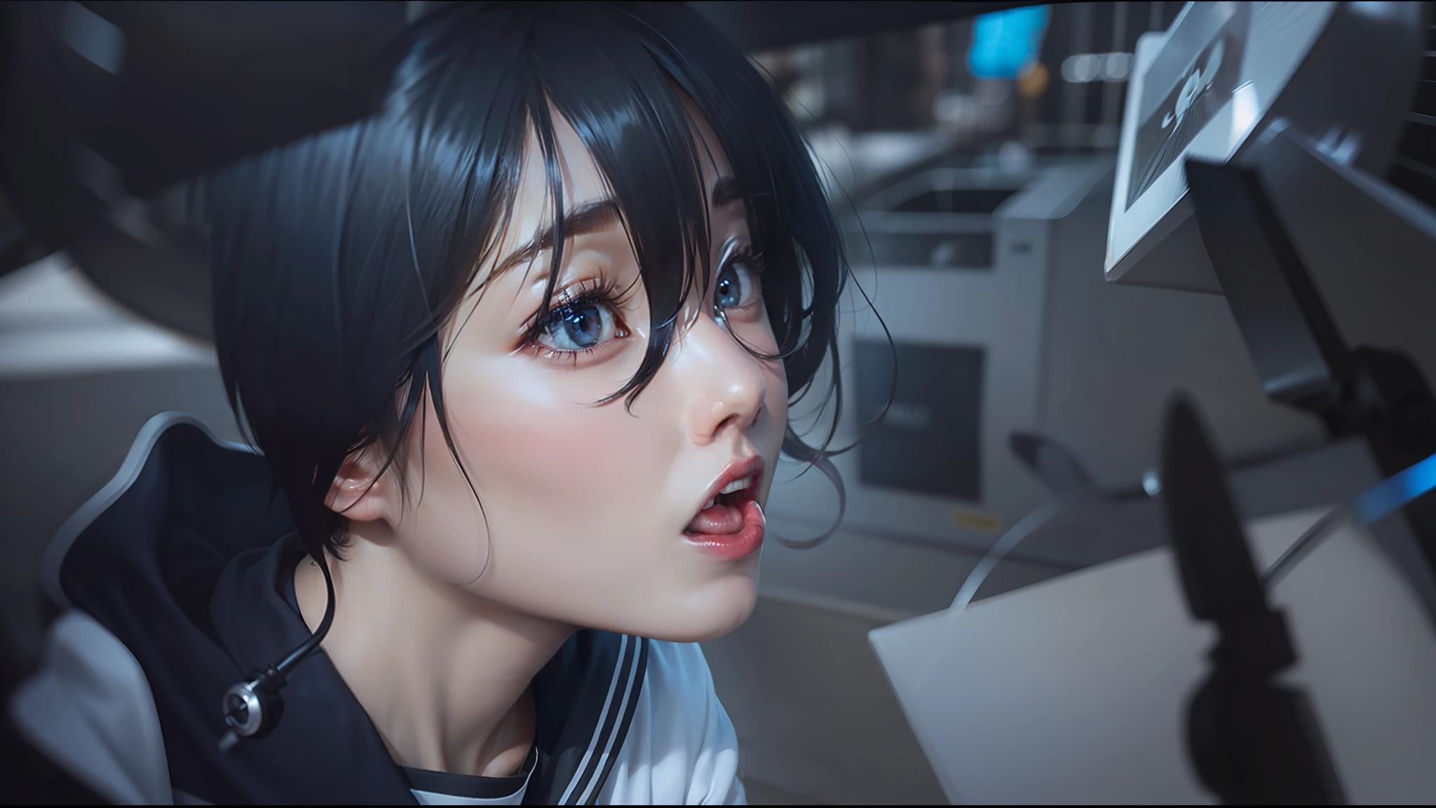 1 girl, black hair, short hair, blue eyes, realistic, ultra realistic, open mouth