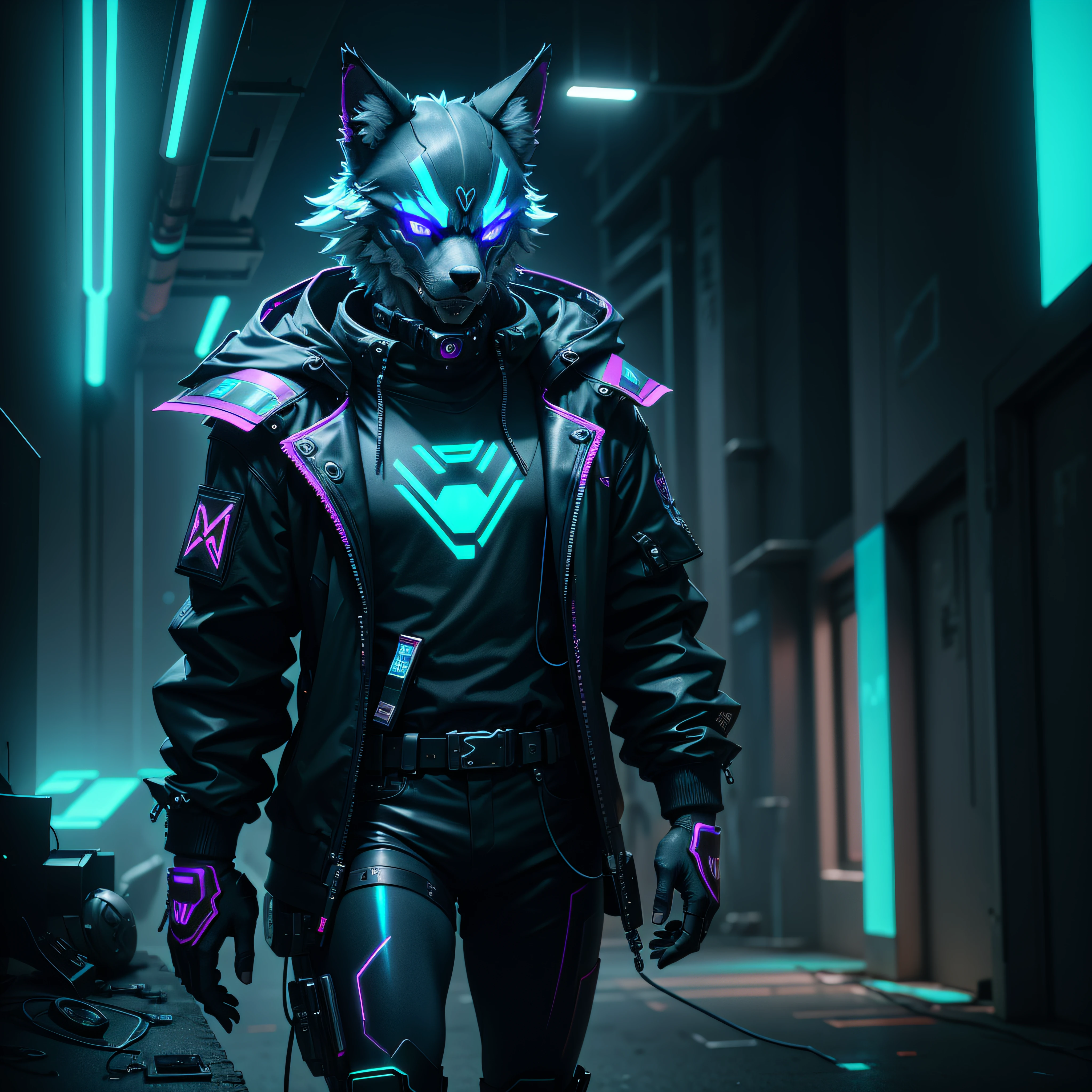 render a cyberpunk of wolf with a focus neon lighting and holographic technology 8k fujifilm --auto