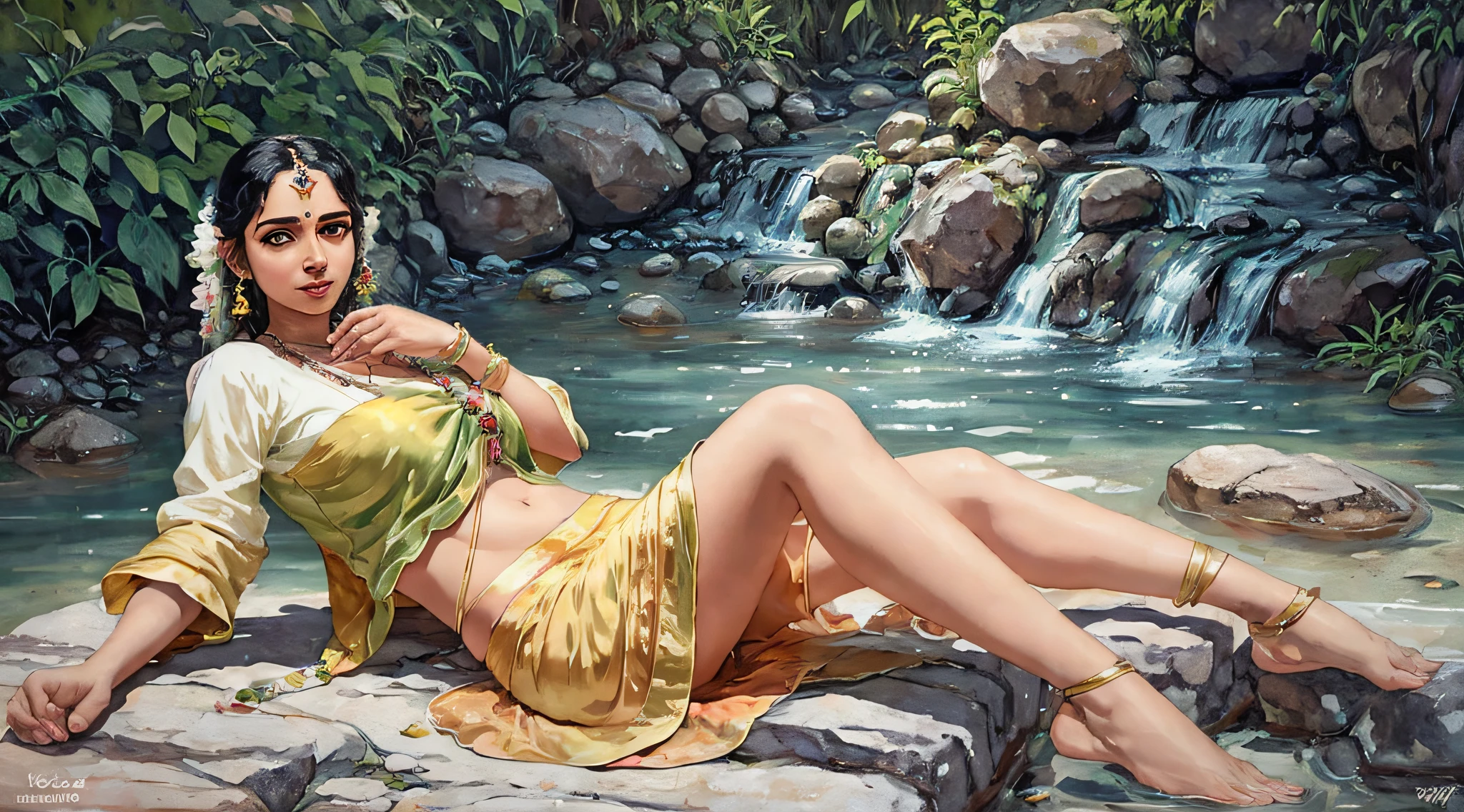 Reclining Nair Lady by artist Raja Ravi Varma, Realistic, 8K, ultra-detailed, Unreal Engine, midjourney art style