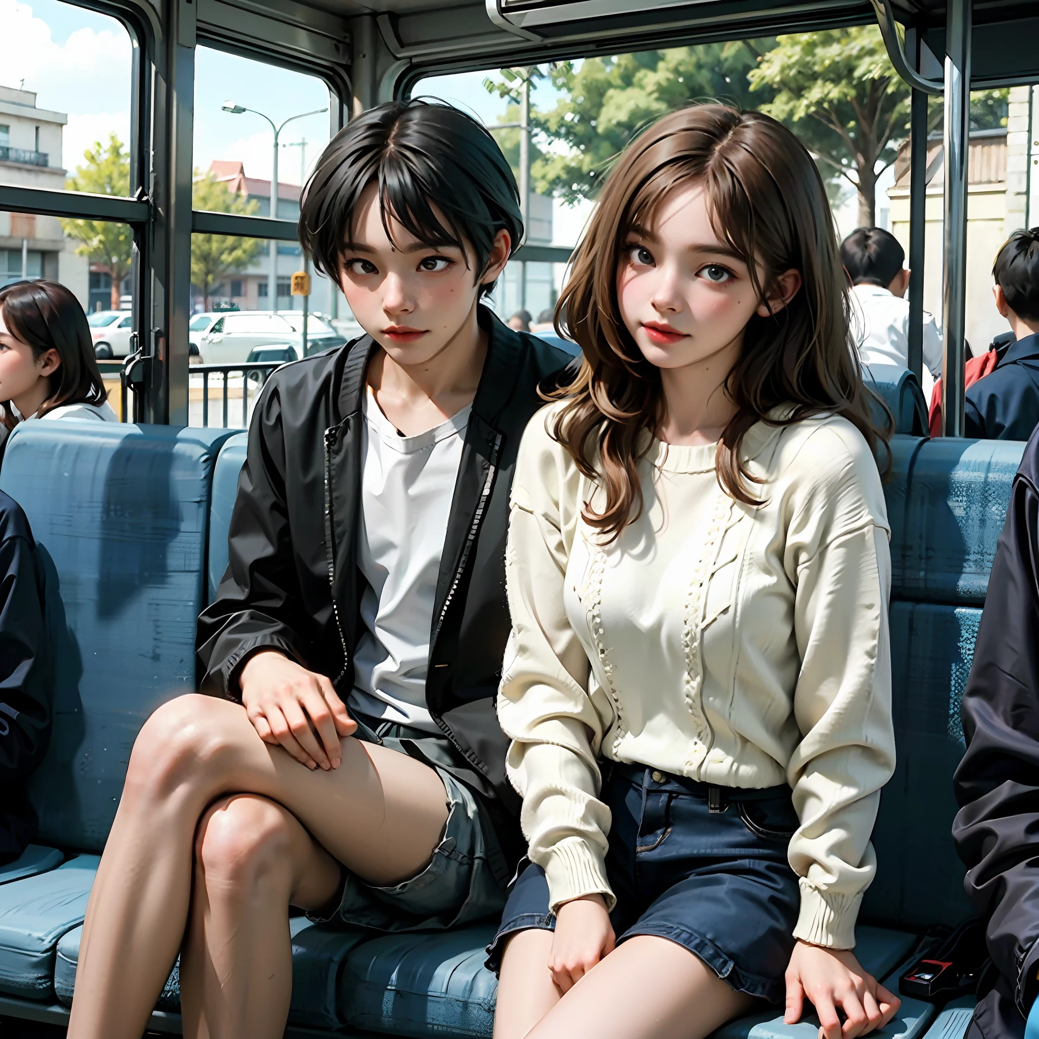 A couple sitting on a bus,The boy's head rests on the girl's shoulder and the sun shines on his face --auto
