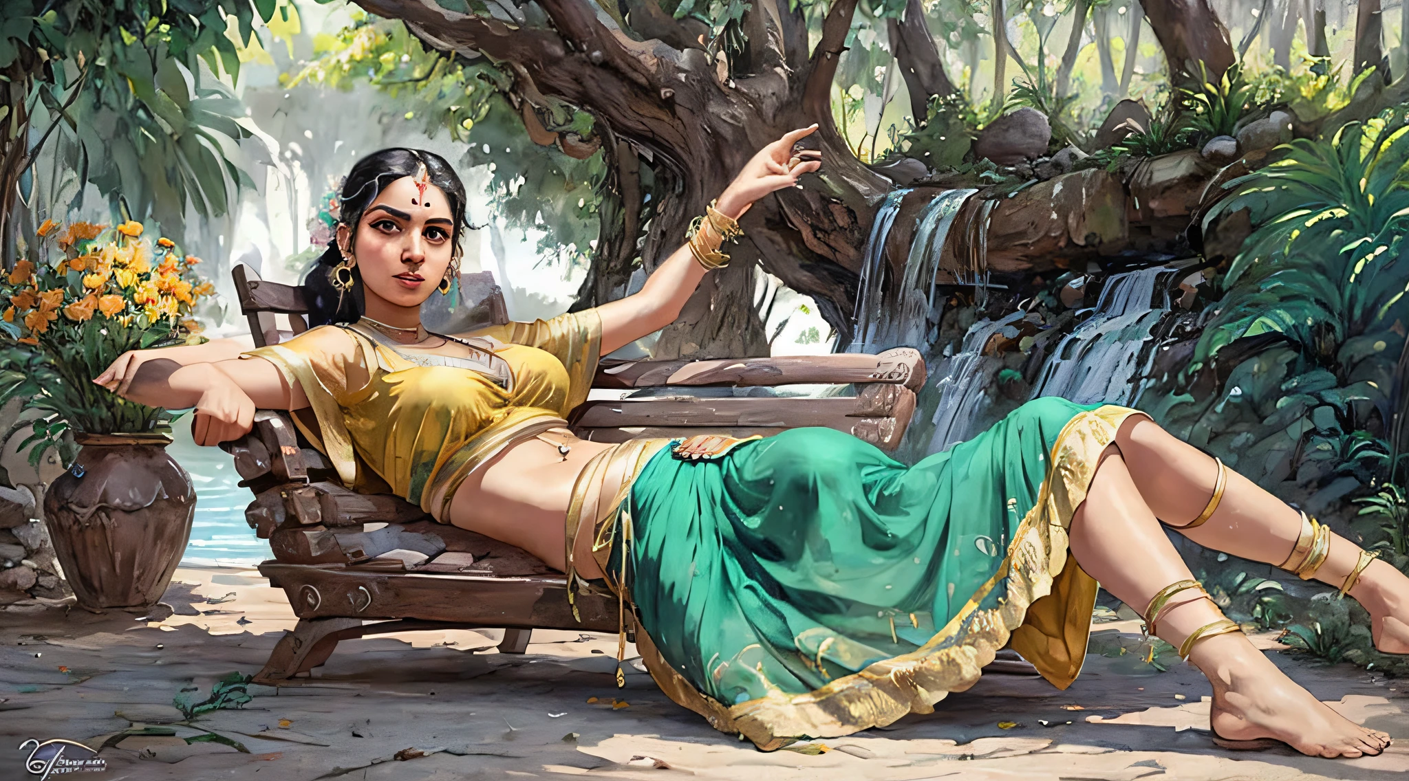 Reclining Nair Lady by artist Raja Ravi Varma, Realistic, 8K, ultra-detailed, Unreal Engine, midjourney art style