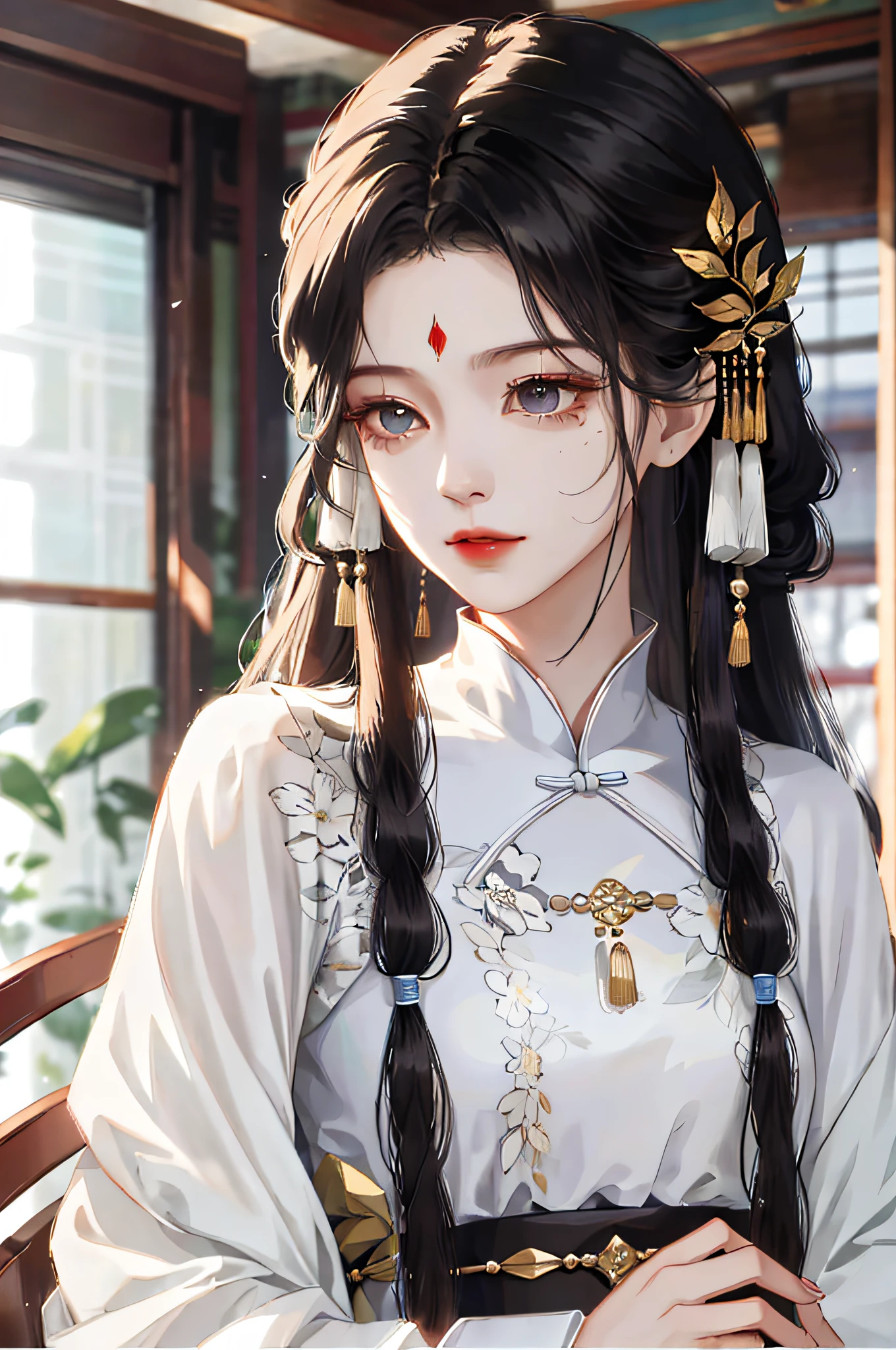 8K，best qualtiy，tmasterpiece，Ultra clear wallpaper，1girll，fully body photo，Delicate face，Black hair color，Chinese style complex hairstyle，Hairpins，Beads，Delicate collar，Exquisite Hanfu，Flowing clothes，China-style，Normal attire，Floating in the air，Shakers，cultivating immortals，salama，to convey depth、Emotional and compelling visual impact。