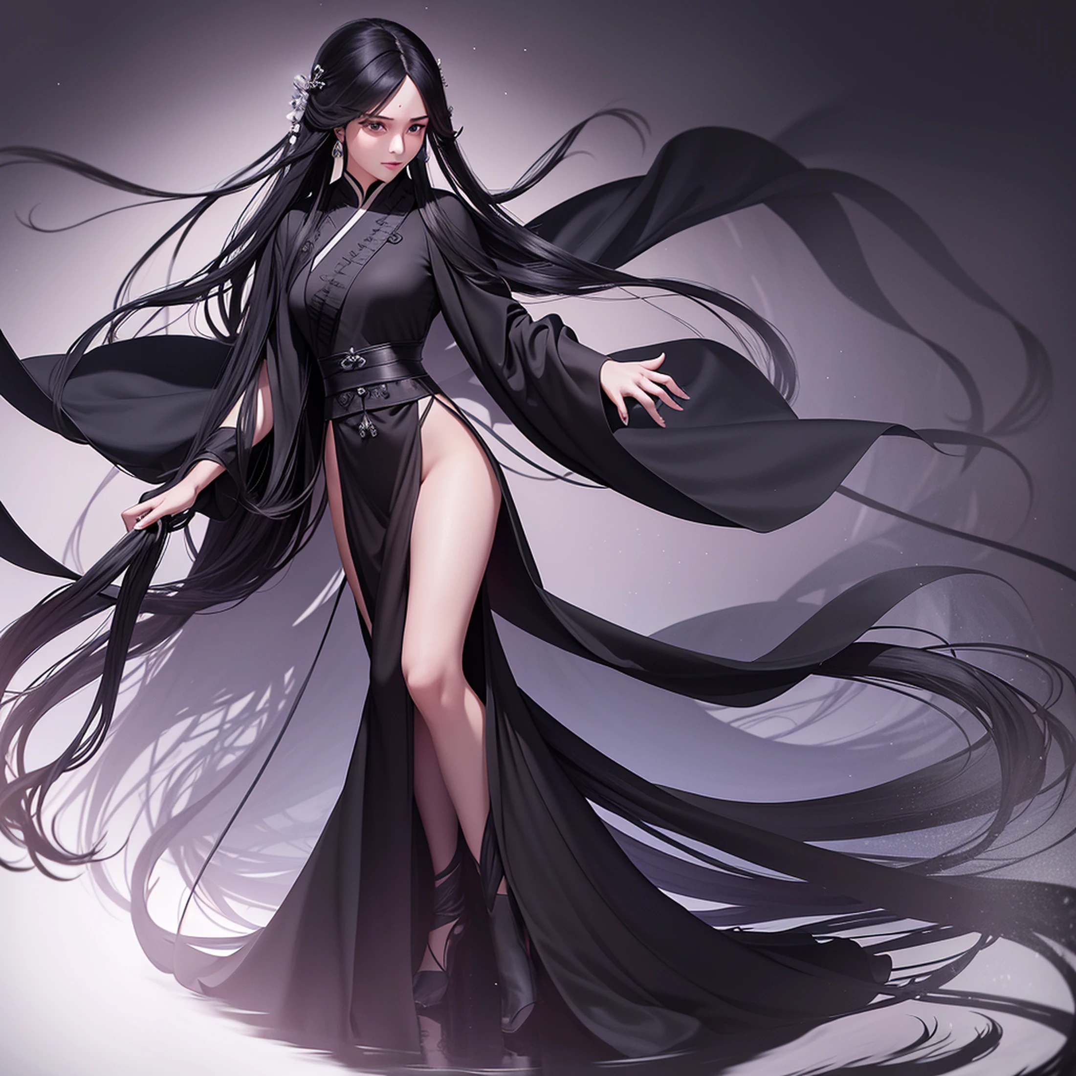 wearing a black dress,Arad woman with long hair, flowing hair and long robes, dark flowing robe, full-body wuxia, inspired by Wu Daozi, flowing magical robe, in a cloak with long hairs, Wuxia, Inspired by Seki Dosheng, Flowing robes, heise jinyao, wearing in black cloak, Zhang Jingna