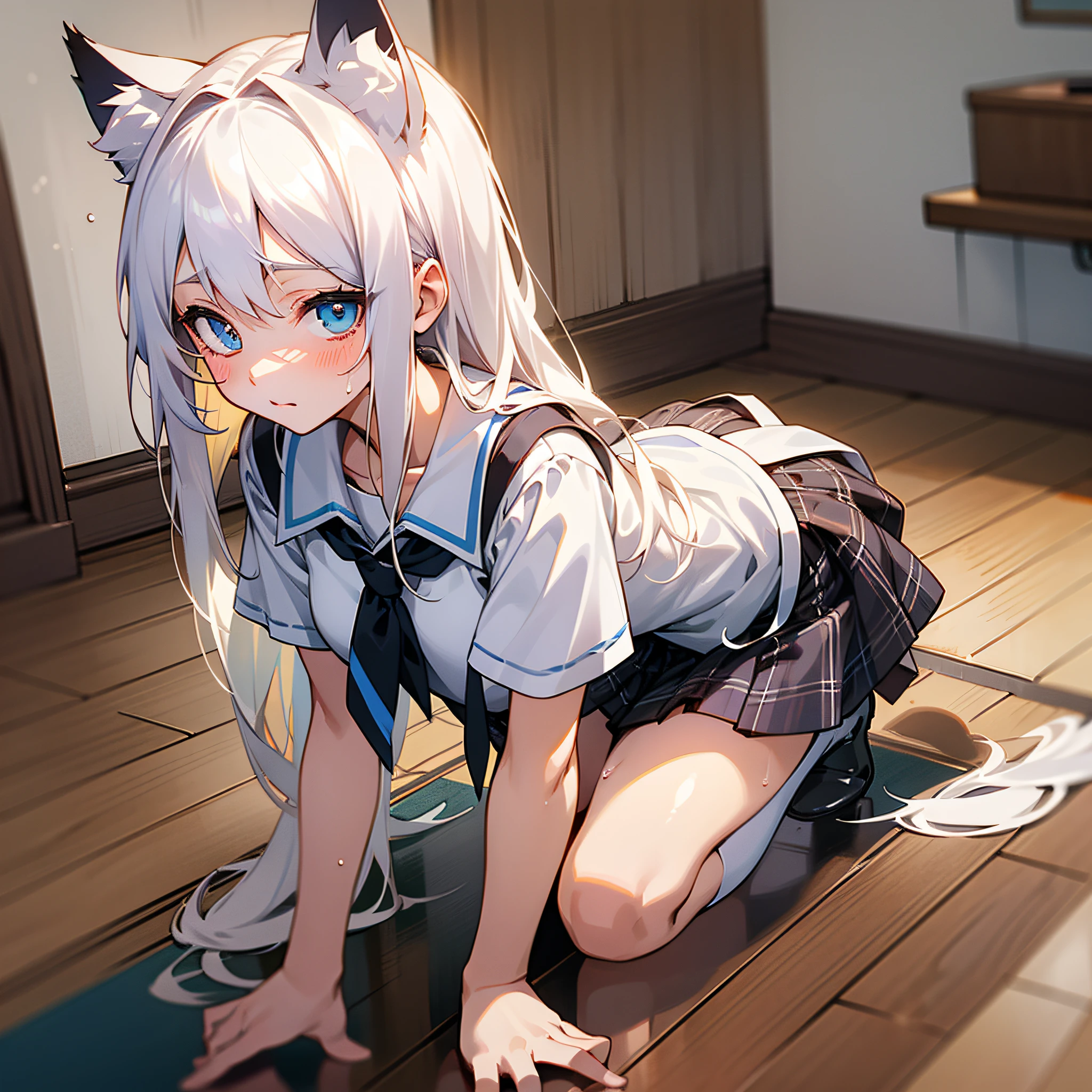 Wearing cat ears on his head,seductive anime girls,white-haired god,anime goddess,Girl with white hair,perfect white hair girl,Detailed long white hair,long hair anime girl,Beautiful anime girls,Blonde anime girl with long hair,Anime Barbie with white stockings,Clothes are shabby,There are a lot of breakages on the skin,Sweat all over the body,perspire,Incontinence,tmasterpiece,best qualtiy:1.2),Female Student,独奏,1girll,Koshita Kono,(shiny skins,wetted skin:1.2),perspired,is shy,looking at viewert,on the floor on all fours,校服,white shirt,Plaid skirts,upper legs,in the afternoon,Schoolgirls in the toilet